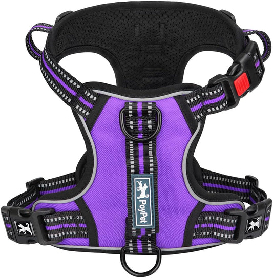 PoyPet No Pull Dog Harness, No Choke Front Clip Reflective Dog Vest with Soft Padded Vertical Handle, 3 Leash Attachments for Small Medium Large Dogs (Purple,XL)