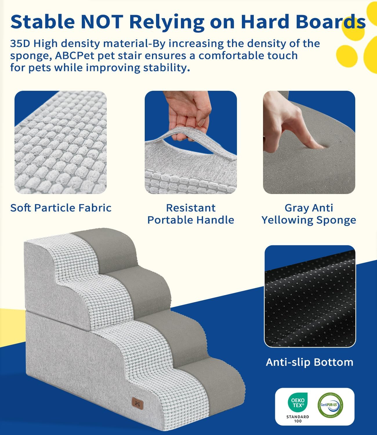 Dog Step for Bed, Dog Stair 4-Step 35D Pet Stair 19.7" H for High Bed or Sofa Non-Slip Balanced Pet Step Indoor, Light Grey