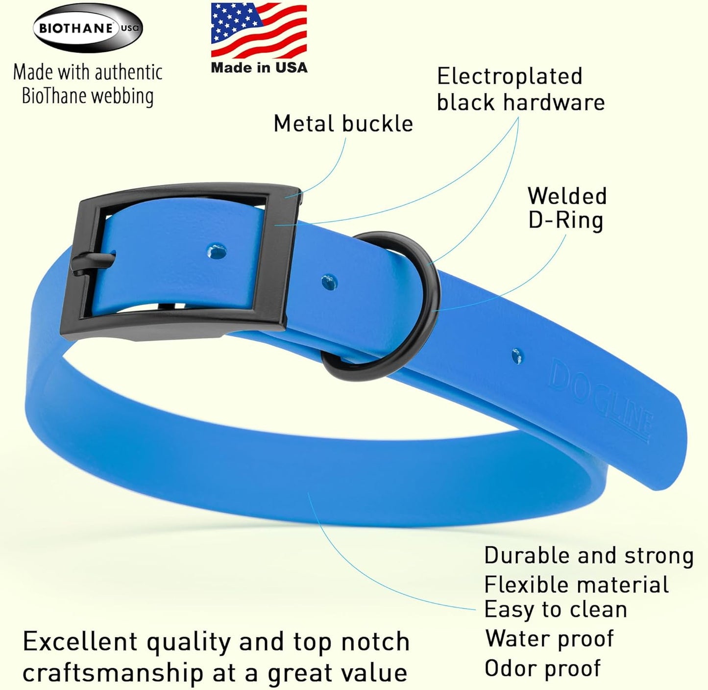 Dogline Biothane Waterproof Dog Collar Strong Coated Nylon Webbing with Black Hardware Odor- Proof for Easy Care Easy to Clean High Performance Fits Small Medium or Large Dogs, Cerulean Blue