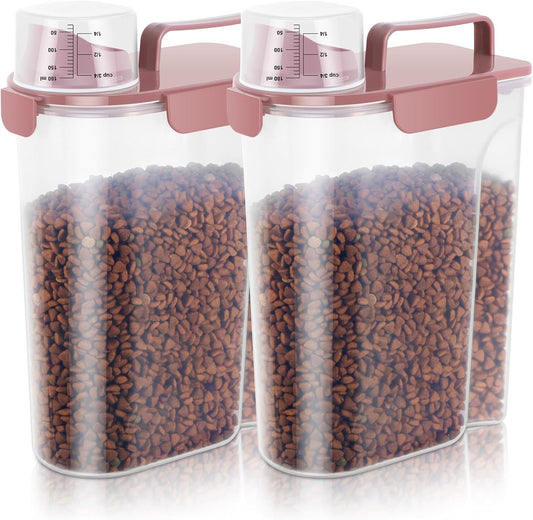 5-7Lbs Cat Dog Storage Container, Portable Pet Food Containers with Upgraded Large Spout and Cup, Small Animal Kibble Dispenser for Bird Seed, Oatmeal, Rice, Flour (2, Pink, 5L)