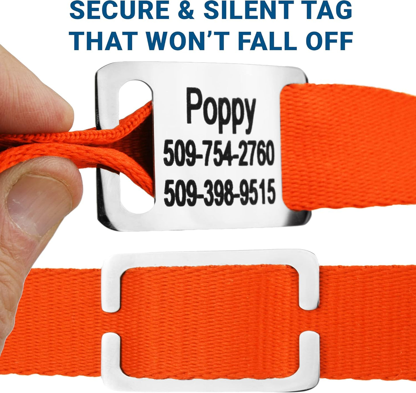 GoTags Personalized Dog Collar with Nameplate, Adjustable Dog Collar with Custom Engraved Slide On Pet ID Tag in Stainless Steel, Silent, No Noise Dog Tag for Large Medium and Small (Orange, Large)