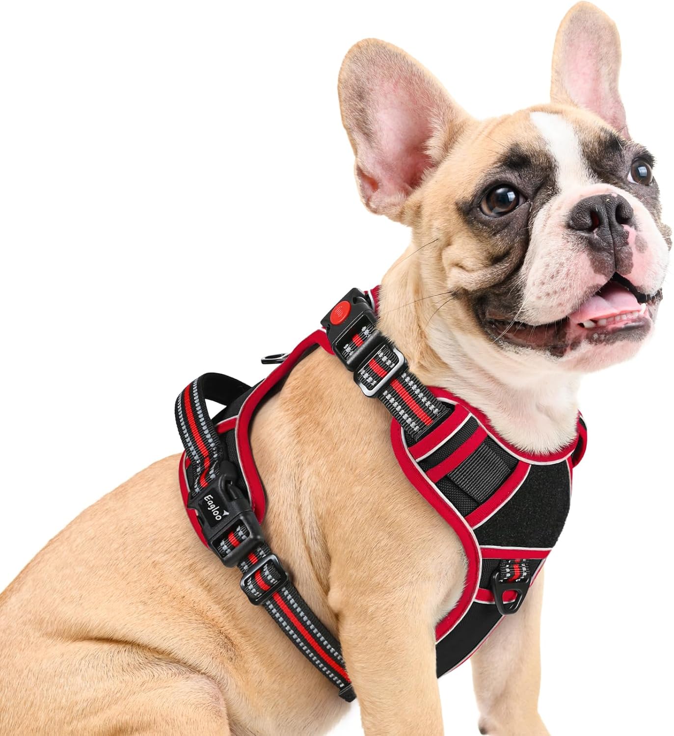 Eagloo Dog Harness Medium Sized, Easy Wearing with 3 Buckles, Adjustable No Pull Pet Harness with 2 Rings for Walking, No Chock Reflective Soft Padded Vest with Control Handle, Black & Red, M