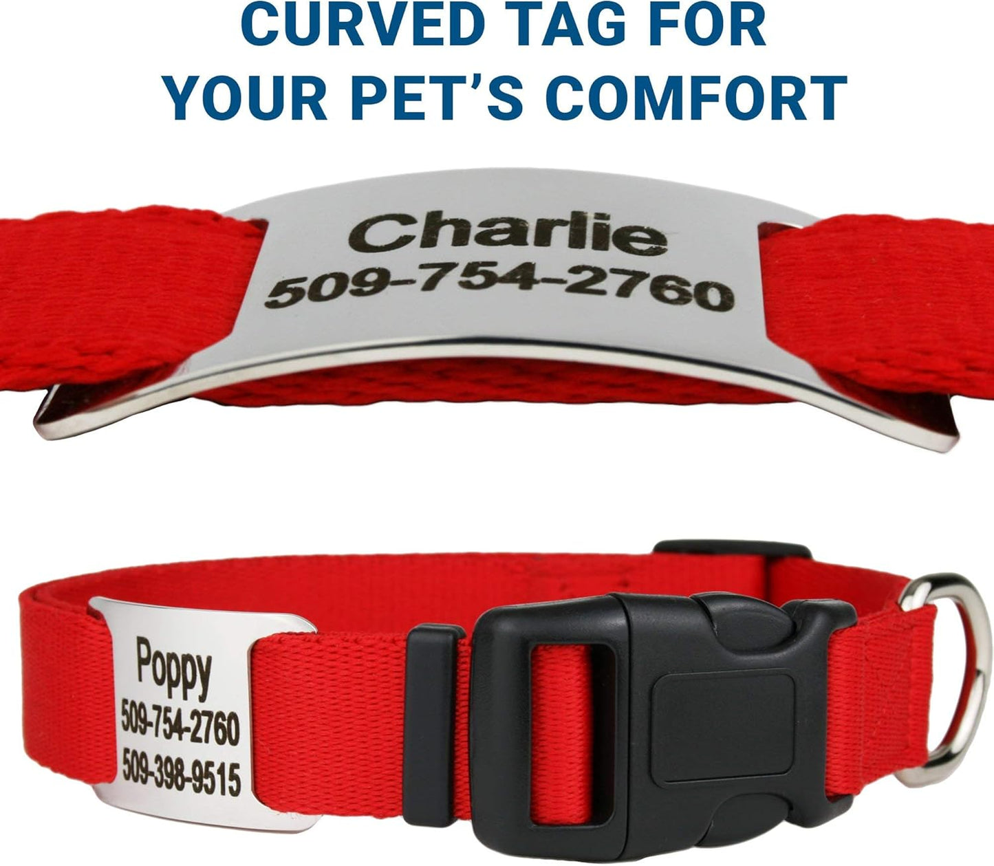GoTags Personalized Dog Collar with Nameplate, Adjustable Dog Collar with Custom Engraved Slide On Pet ID Tag in Stainless Steel, Silent, No Noise Dog Tag for Large Medium and Small (Red, Medium)
