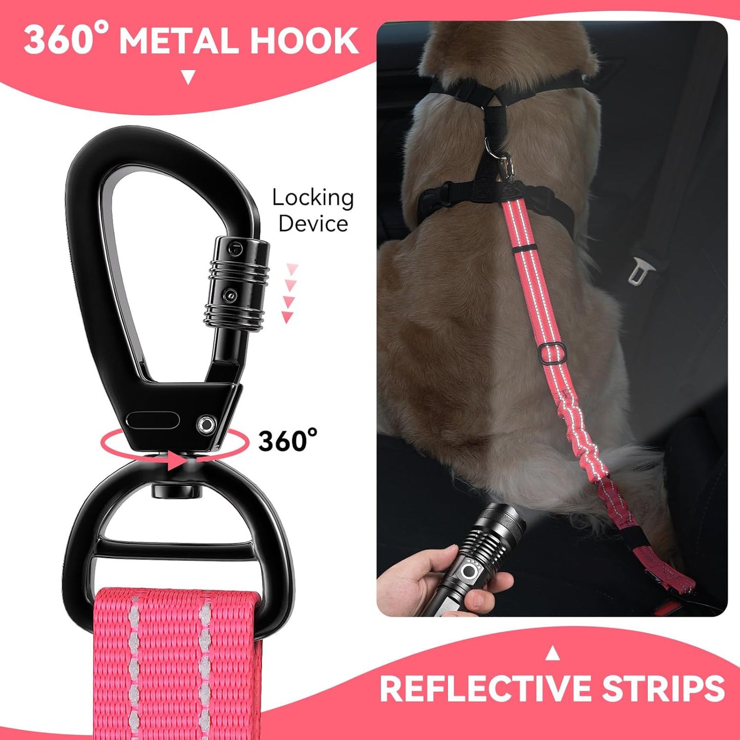 Pawaboo 2Pack Dog Seatbelt for Car, 3-in-1 Dog Car Seat Belt Bungee, Shockproof Dog Tether for Car with Buckle & Hook Latch, Adjustable Reflective Dog Harness Leash with 360° Lockable Buckle, Pink