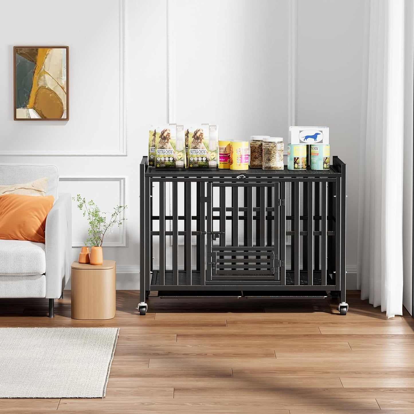 42 inch Heavy Duty Dog Crate, Upgraded Thickened Steel Frame Indestructible Kennel for Large & High Anxiety Dogs, Escape Proof Design with 3 Doors, 4 Lockable Wheels and 2 Removable Trays