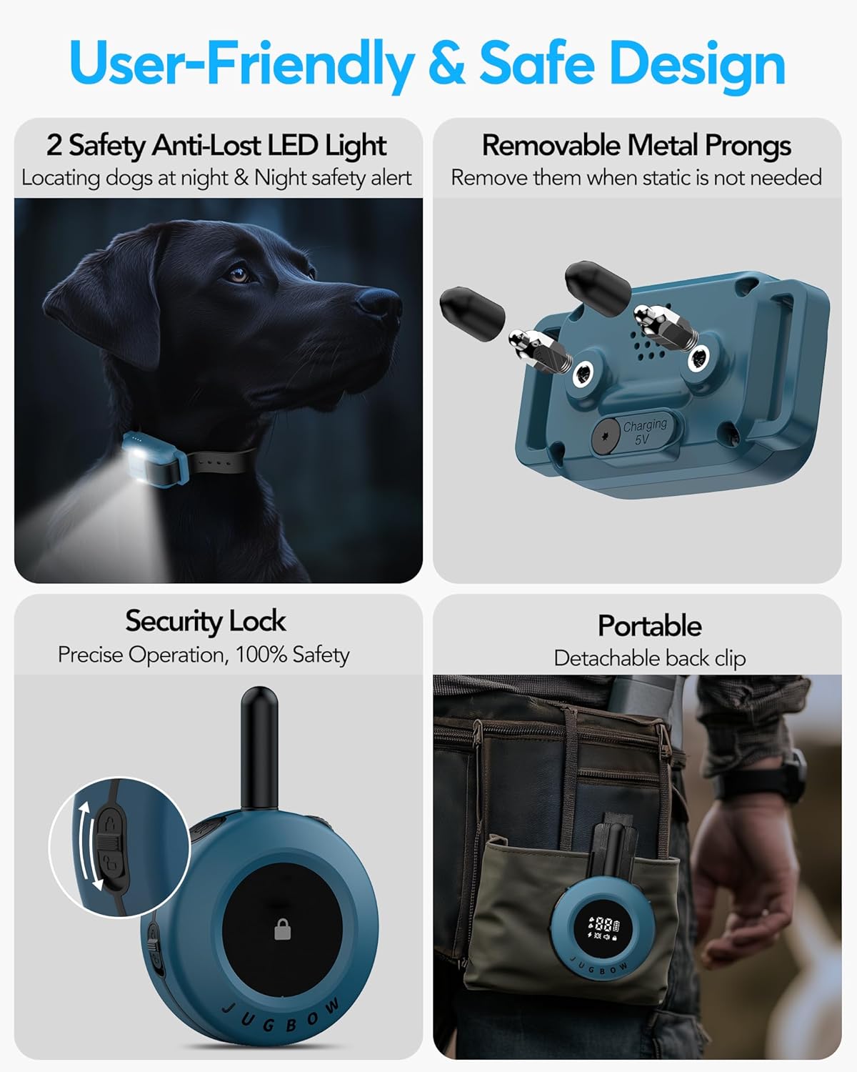 Jugbow Dog Training Collar - 3/4 Mile Remote Dog Shock Collar with 3 Training Modes, Electric Collars with LED Light & Security Lock, IPX8 Waterproof Rechargeable E-Collar for Large Medium Dogs (Blue)