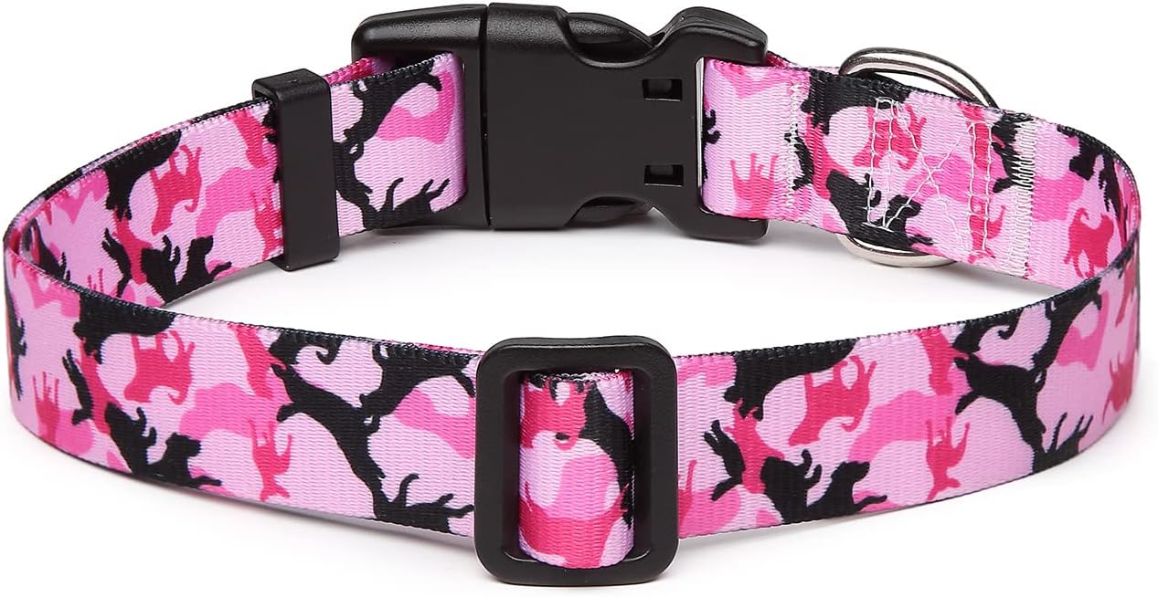 Mercano Adjustable Dog Collar - Special Design Patterns, Soft Nylon Comfortable Sturdy Pet Collar for Small Medium Large Dogs (L, Dog Camouflage Pink)