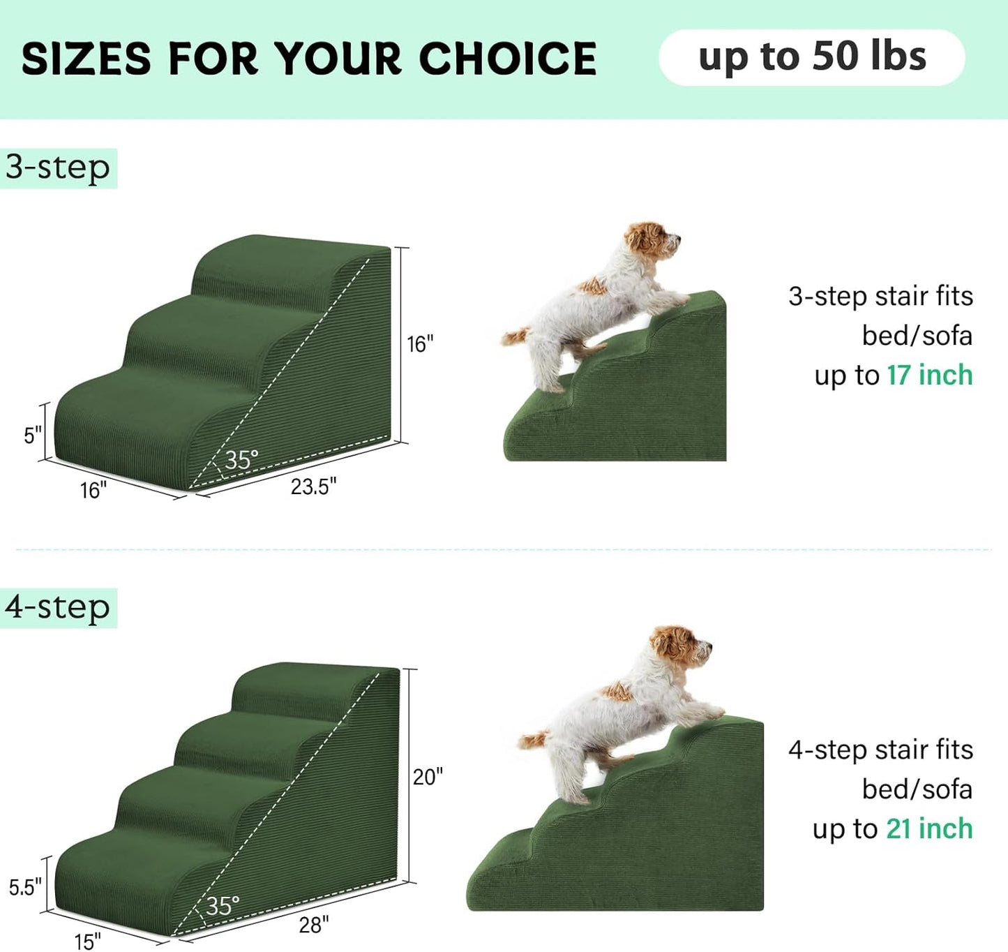 Dog Steps for Small Dogs, 3-Step Pet Ramp Stairs for High Beds and Sofa, Non-Slip Pet Stairs for Small Dogs and Cats, Removable and Easy to Clean Cover, Green