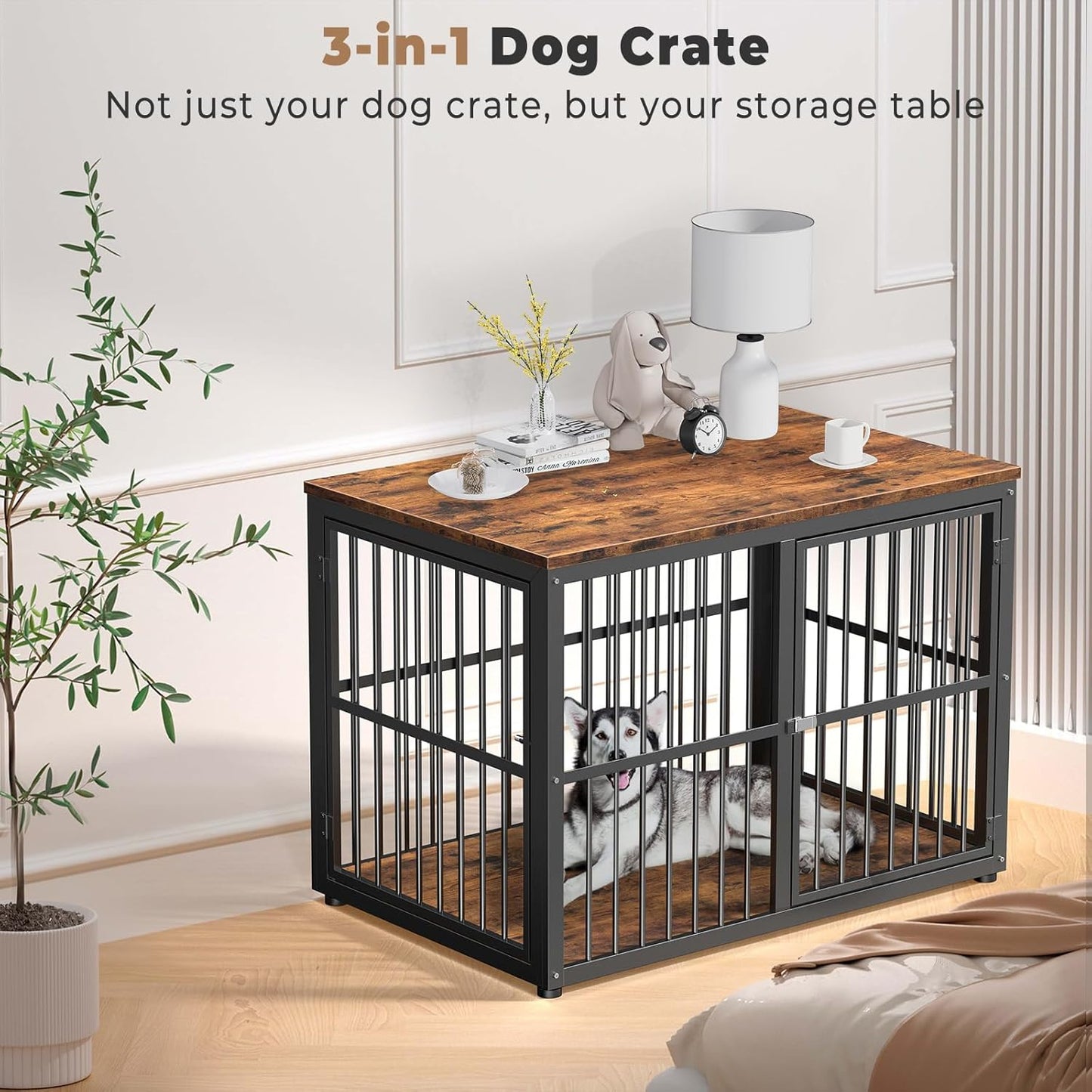 43'' Dog Crate Furniture with 3 Doors, XL Wooden Crate End Table Heavy Duty Indoor Puppy Cage for Medium to Large Dogs, Multiple Units Can be Combined