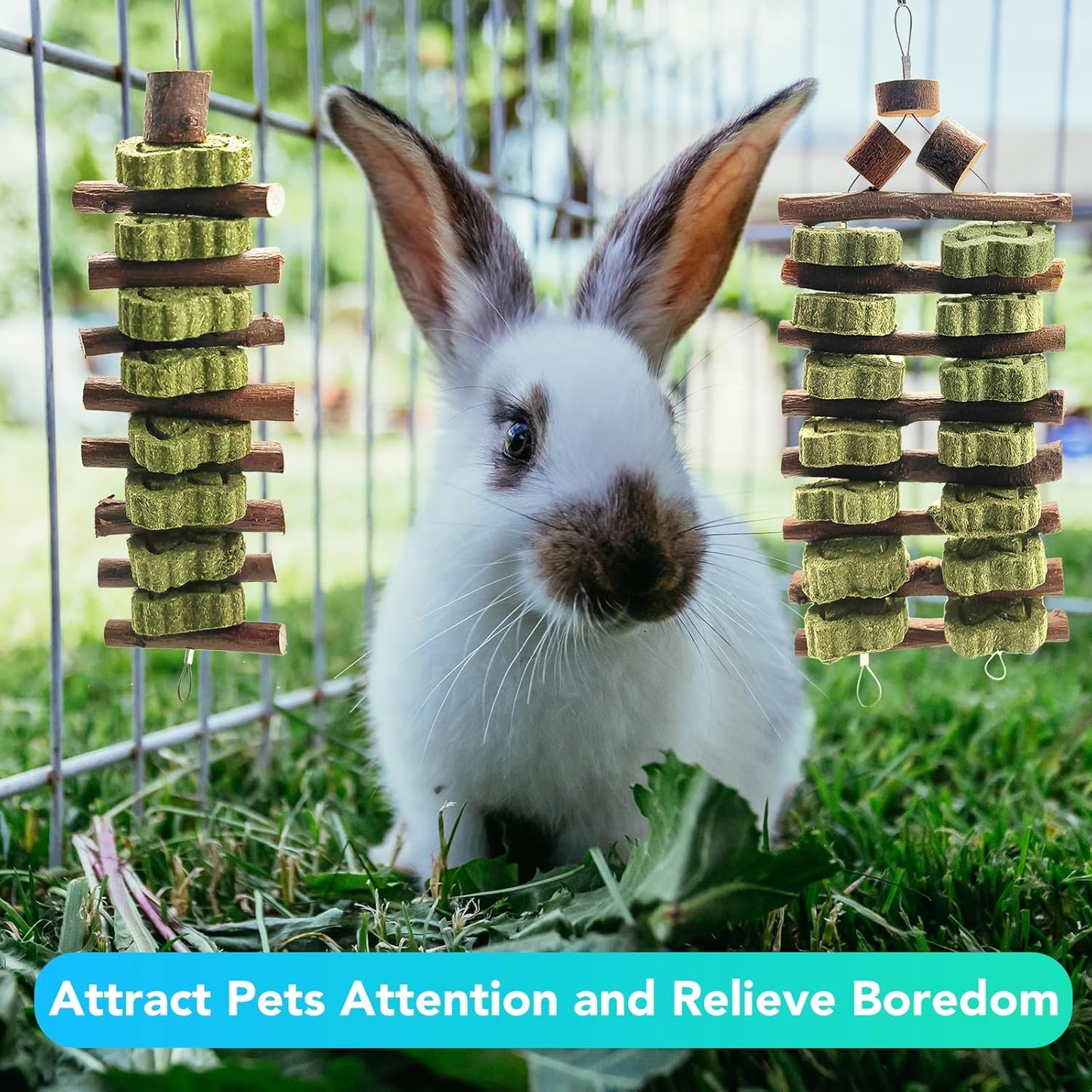 WDEFUN Natural Peach Wood Clover Cake Teeth Grinding Toy String - Rabbit Snack Chewing Toy, Safe and Durable Pet Teeth Grinding Rod, Caring for Dental Health