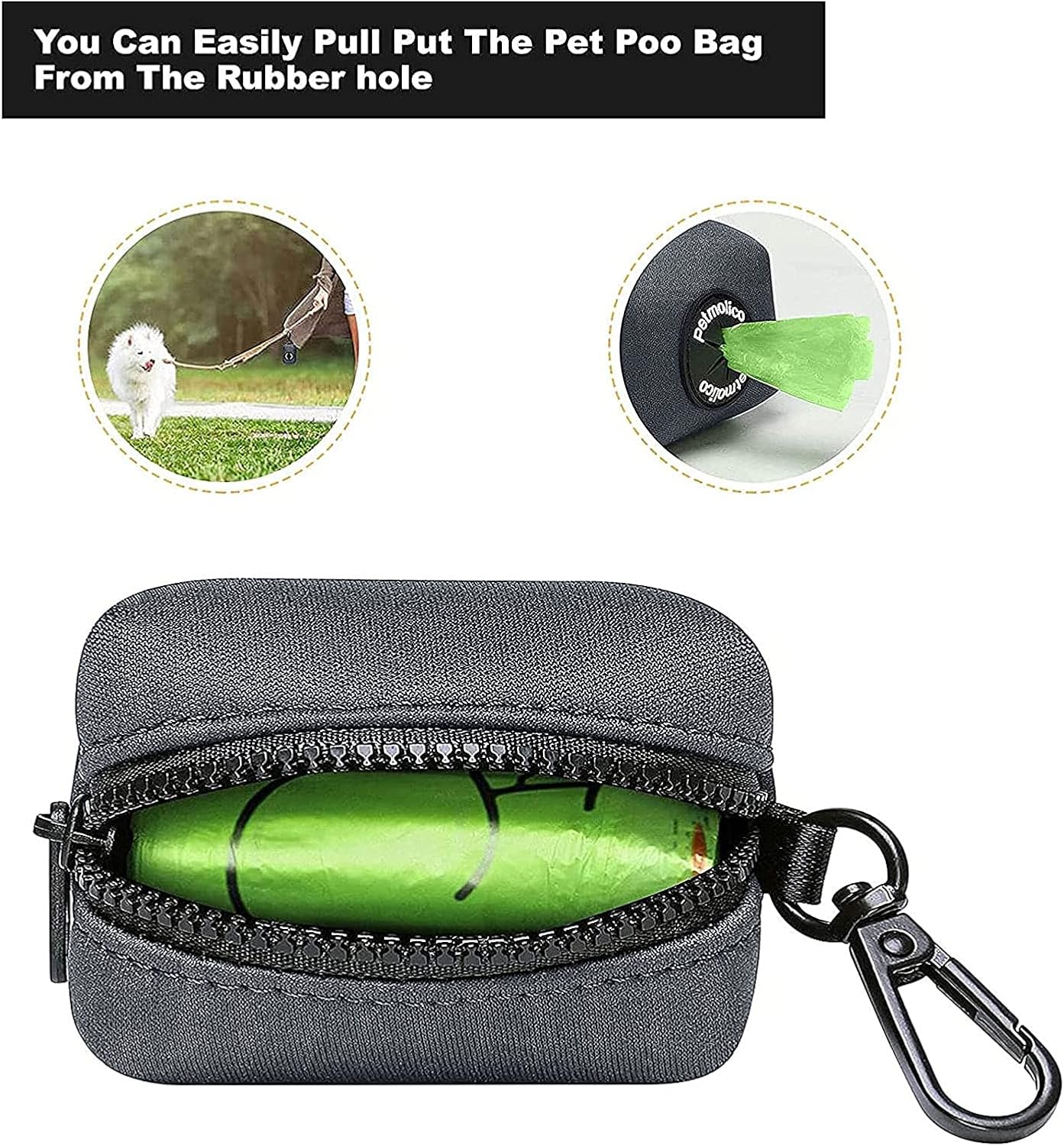 Petmolico Dog Poop Bag Holder Leash Attachment, Dog Waste Bag Dispenser Zippered Pouch, Fits Any Dog Leash, Includes Free Roll of Dog Bags, Poop Bag Dispenser - 2 Pack, Deep Gray