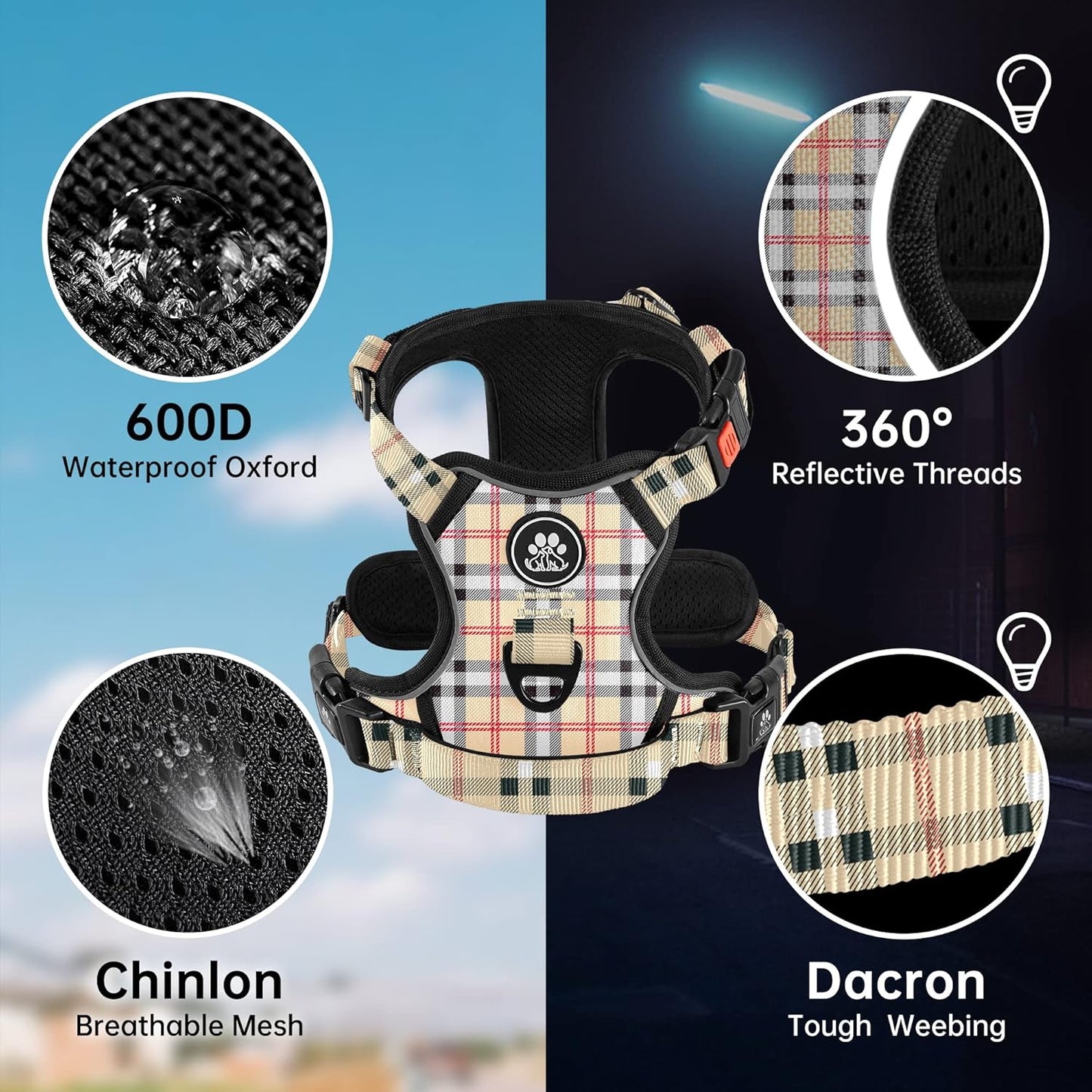 NESTROAD No Pull Dog Harness with Leash, Reflective No Choke Pet Vest Harness,Adjustable Soft Padded Dog Harness with Easy Control Handle for Large Dogs(Checkered Beige,Large)