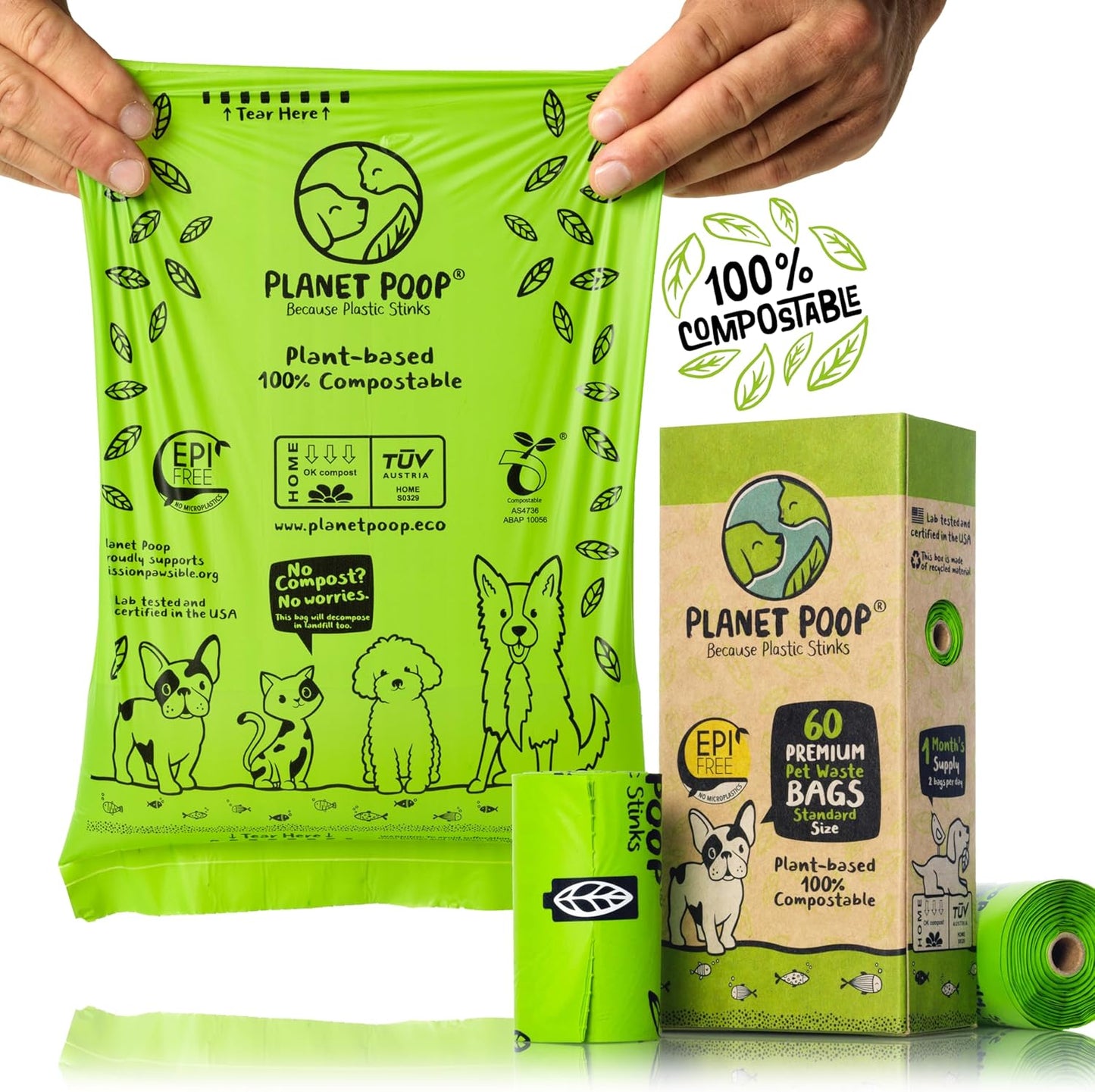 PLANET POOP Home Compostable Dog Poop Bags on Refill Rolls, 60 Un-Scented Pet Waste Bags, Thick Leakproof Plant-Based Doggy Bag, Cat & Dogs Supplies