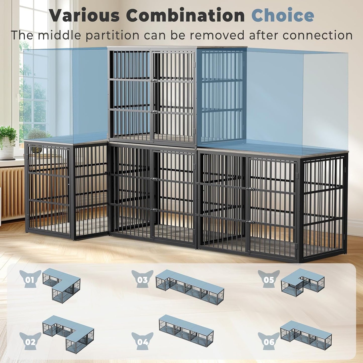 48'' XXL Dog Crate Furniture with 3 Doors, Wooden Crate End Table Heavy Duty Indoor Combination Cage for Medium to Large Dogs, Multiple Units Can be Combined, Grey