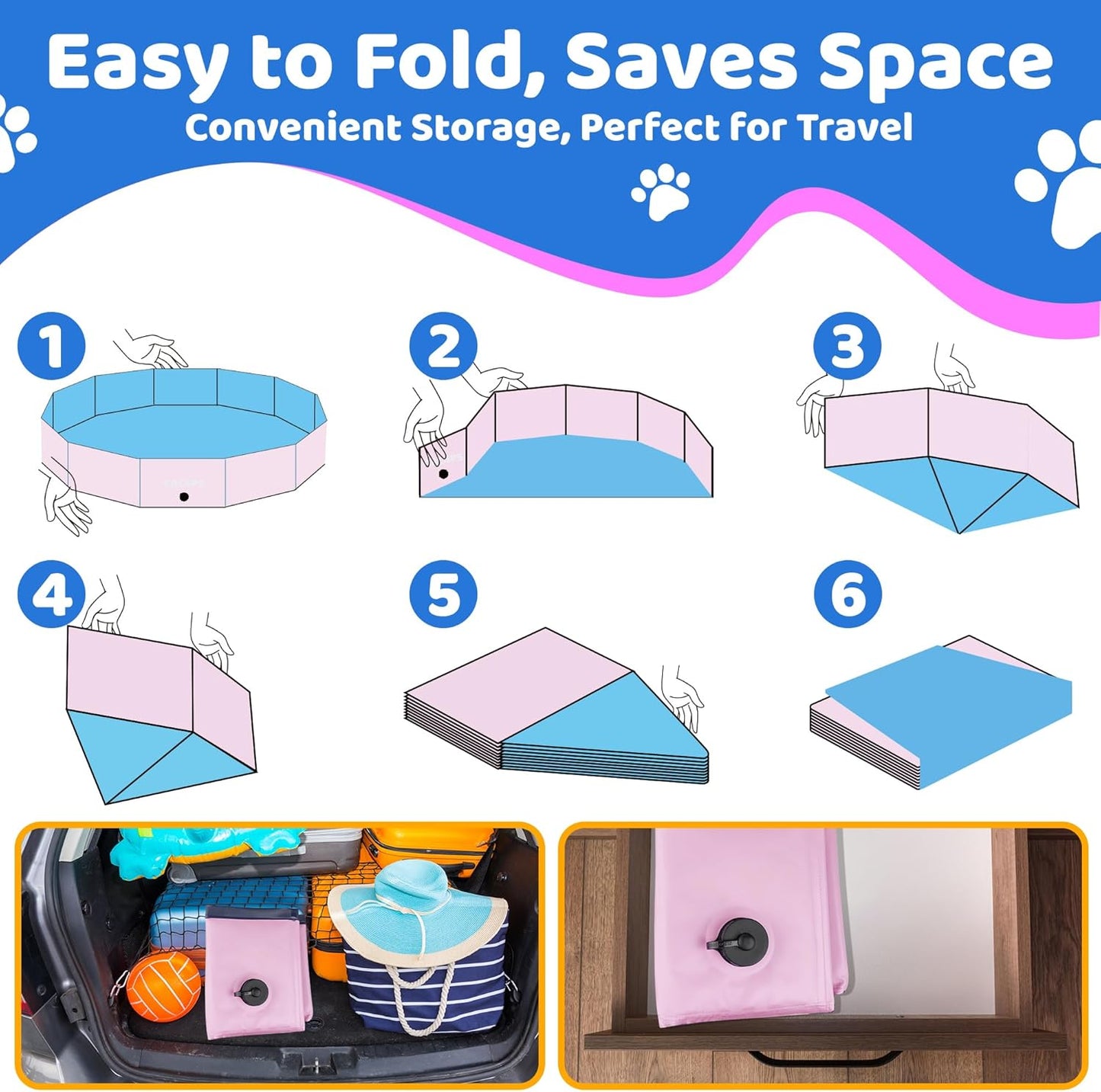 2025 Updated Foldable Dog Pool, 87" x 12" Kiddie Pool with Hard Plastic, Non-Slip Dog Bath Tub for Outdoor Backyard, Collapsible Dog Swimming Pool for Kids Dogs Pets (Pink)