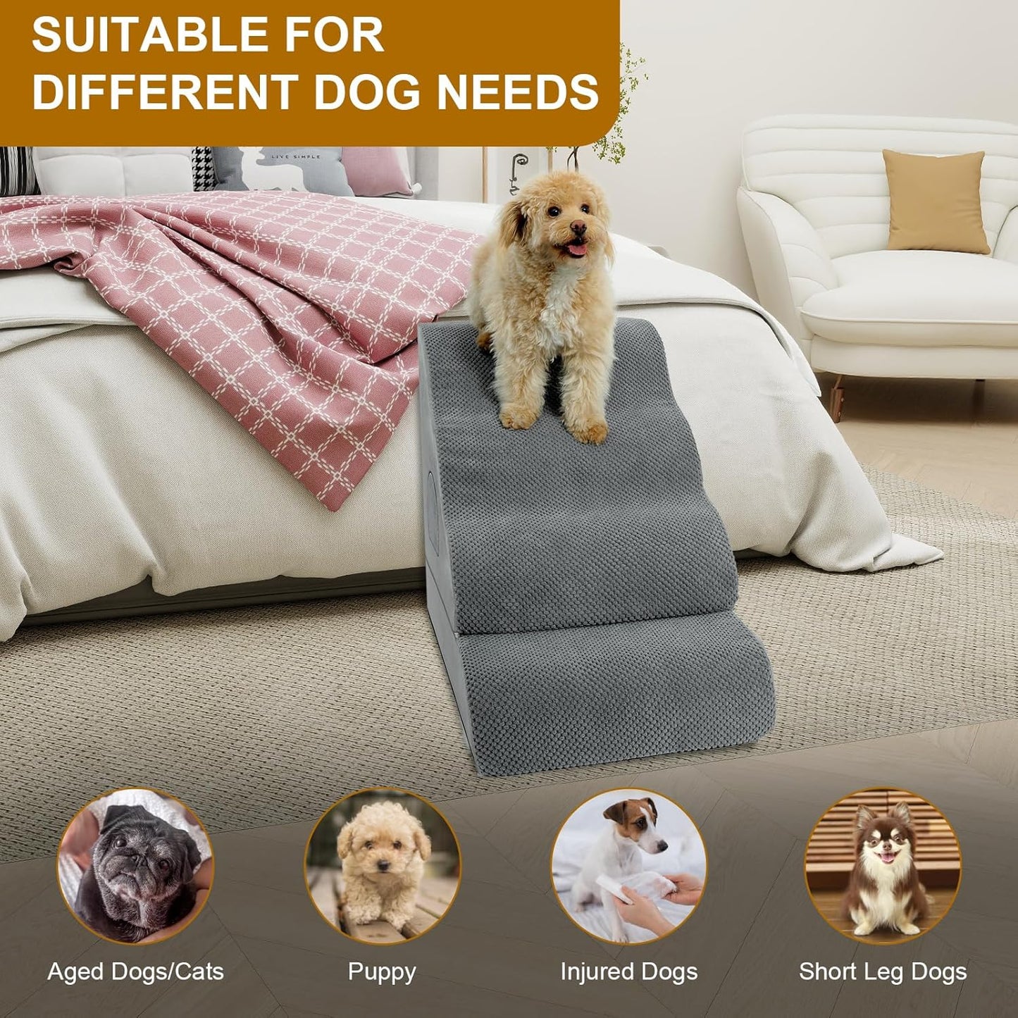 Dog Stairs for Small Dogs 19.7" H, 4-Step Dog Steps for High Bed, High-Density Foam Curved Pet Stairs with Non-Slip Removable Washable Cover to Get on Bed
