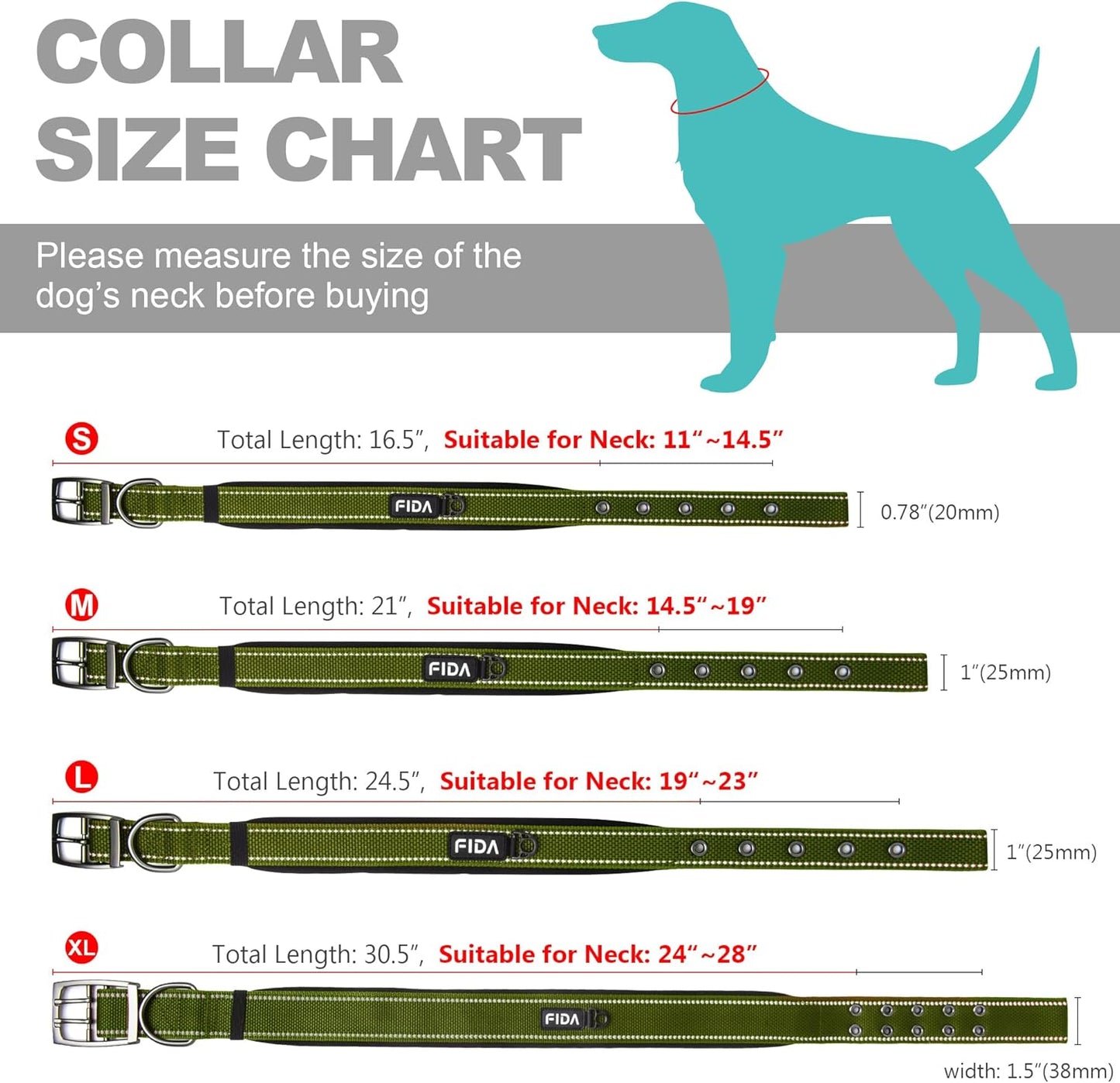 Fida Heavy Duty Dog Collar for Medium Dogs, Ultra Comfortable Soft Neoprene Padded, Adjustable Reflective Nylon Pet Collar with Durable Metal Belt Buckle for Medium Breeds (M, Green)
