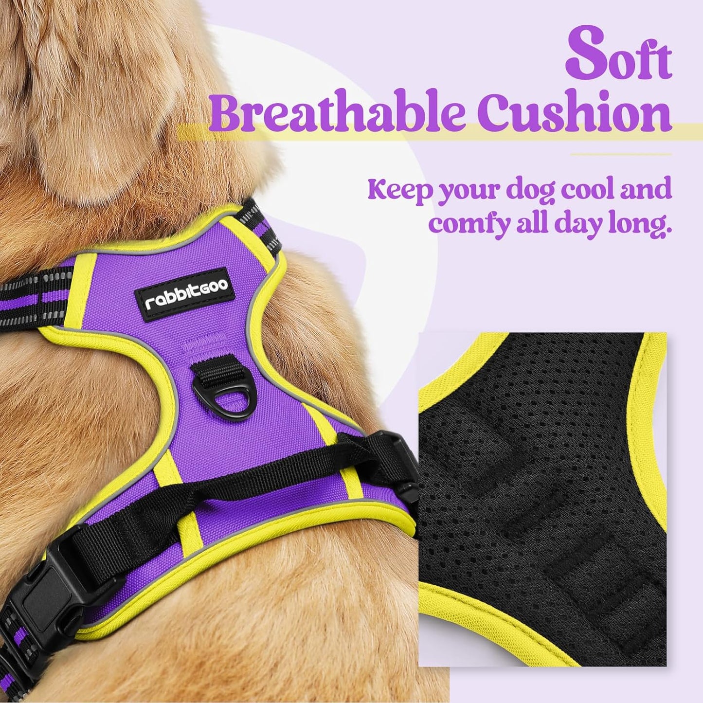 rabbitgoo Dog Harness No Pull with 2 Leash Clips, Adjustable Soft Padded, Reflective Oxford No Choke Pet Vest with Easy Control Handle for Medium Sized Dogs, Purple & Yellow, M