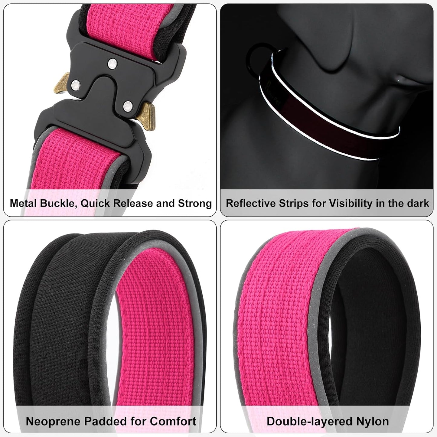 Plutus Pet Tactical Dog Collar, Reflective, Adjustable Heavy Duty Dog Collar, Soft Padded and Comfortable, for Small Medium and Large Dogs (Hot Pink, XS)
