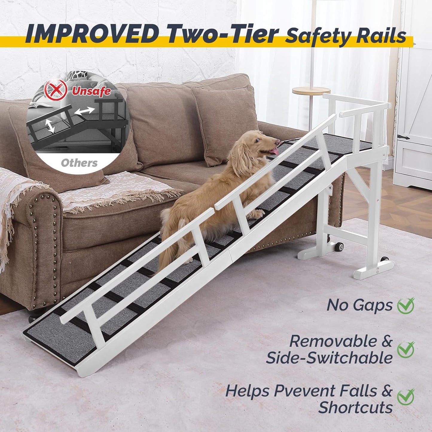 Dog Ramp for Bed or Couch, Wooden Pet Ramp with 20° Gentle Slope, Removable Side Rails, Non-Slip Surface, Top Platform & Wheels, Safe Bed Ramp for Small, Medium & Senior Dogs, 74" Long, White