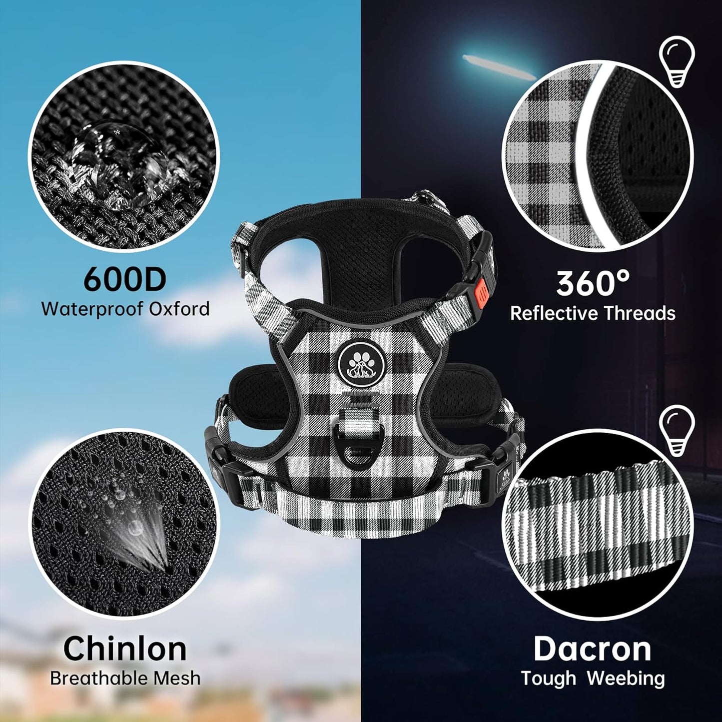 NESTROAD No Pull Dog Harness with Leash, Reflective No Choke Pet Vest Harness,Adjustable Soft Padded Dog Harness with Easy Control Handle for Medium Dogs(Checkered Black,Medium)