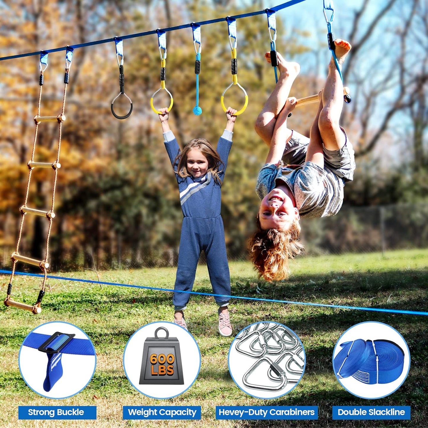 2×56ft Ninja Warrior Obstacle Course for Kids - 600 lbs Weight Capacity, Slackline Obstacle Course with 8 Ninja Accessories - Monkey Bar, Rope Ladder, Gymnastic Ring, Arm Trainer and Monkey Fist