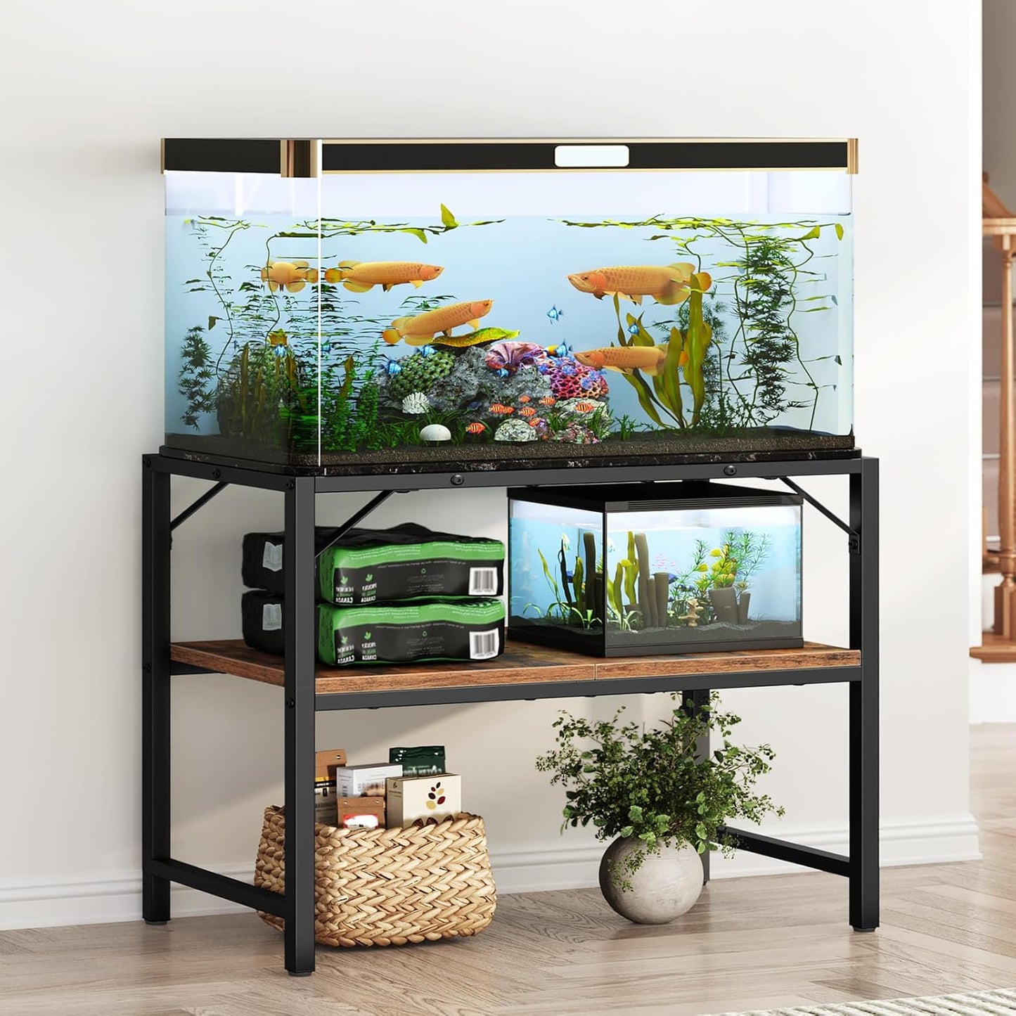 40-50 Gallon Fish Tank Stand, Aquarium Stand with 2-Tier Storage Shelves, Heavy Duty Breeder Turtle Terrarium Stand Rack for Home Office, 36.2" L x 18.9" W x 24.4" H, Rustic Brown FTHR4001