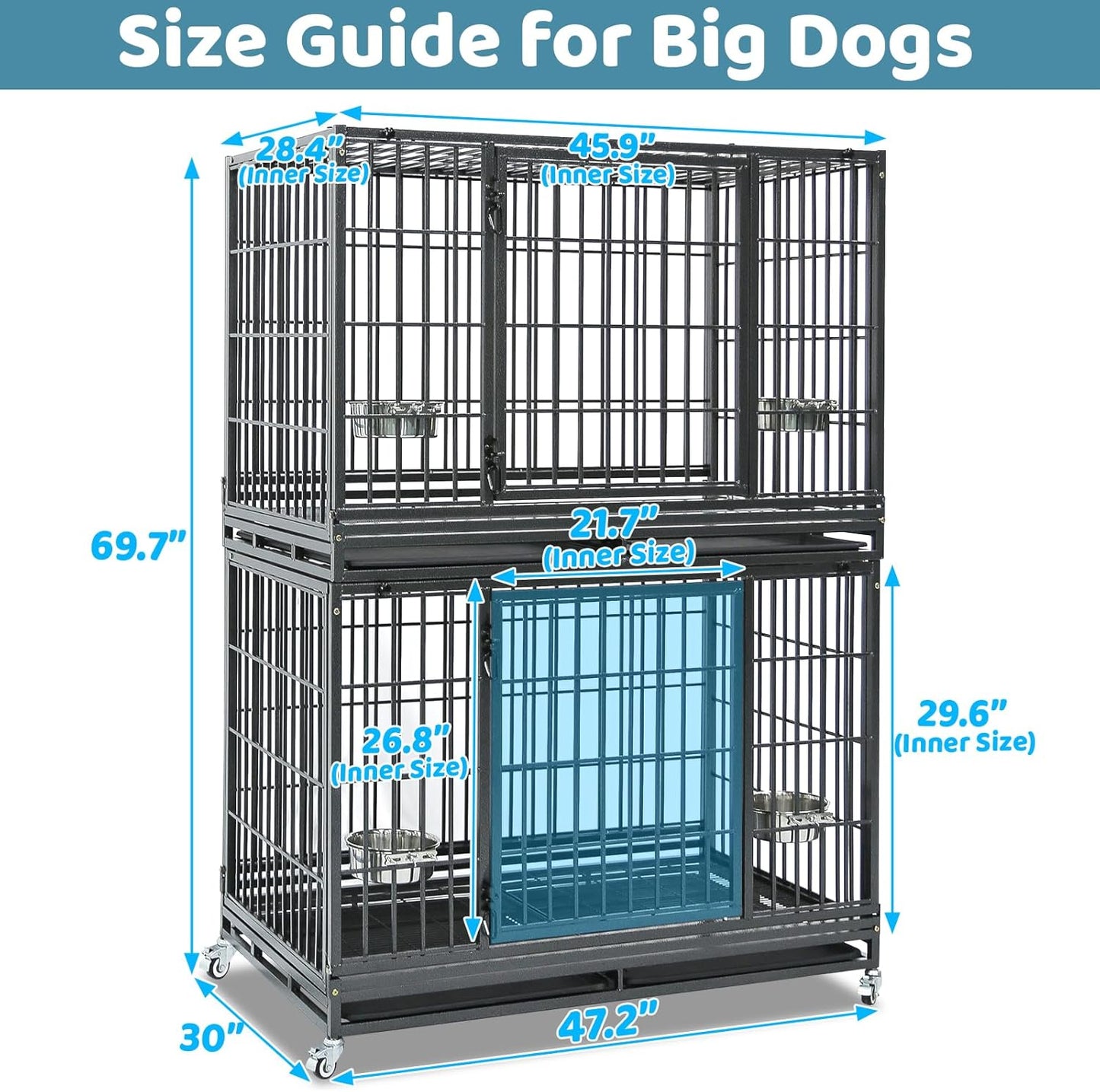 48 Inch Heavy Duty Large Dog Crate, Stackable Indestructible Big Cage for High Anxiety Dogs, Foldable Escape Proof XL Dog Kennel Indoor with Adjustable Bowls, Wheels and Double Trays(2 Pack)