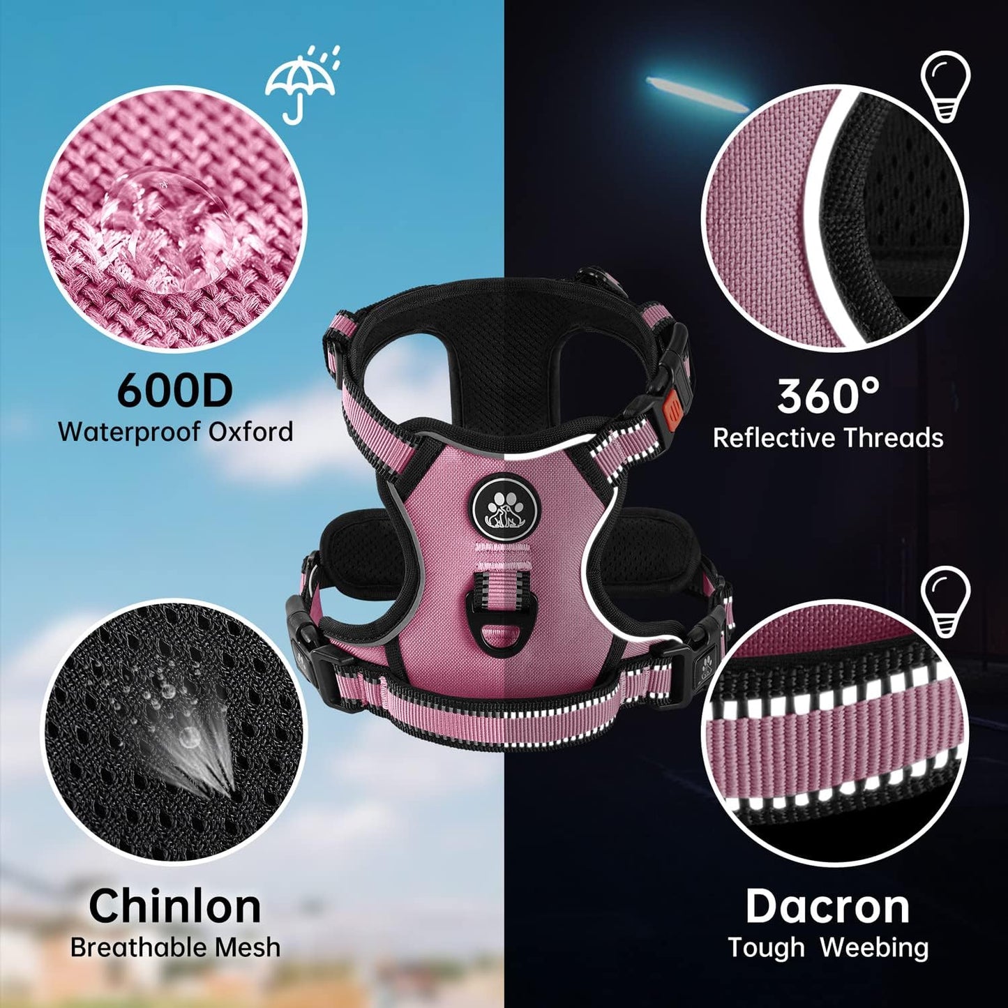 NESTROAD No Pull Dog Harness,Adjustable Oxford Medium Dog Harness with Leash,Reflective No-Choke Pet Vest Harness with Easy Control Soft Handle for Small Medium Large Dogs(M,Pink)