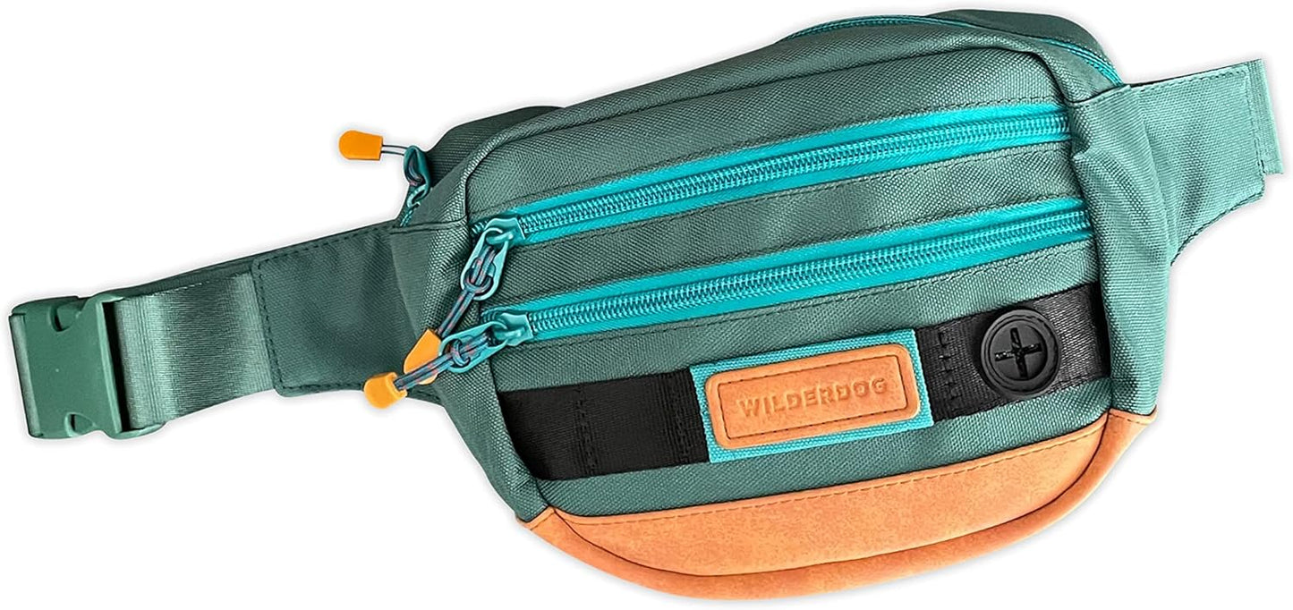 Wilderdog Utility Fanny Pack stores Treats, Balls, Keys in 3 Pockets with adjustable strap and Poop Bag dispenser (Evergreen)