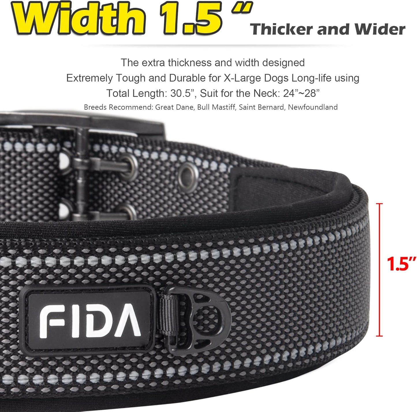 Fida Heavy Duty Dog Collar 1.5” Width, Ultra Soft Neoprene Padded, Adjustable Reflective Nylon Pet Collar with Two Metal Pin Belt Buckle for Large/X-Large Breeds (XL, Black)