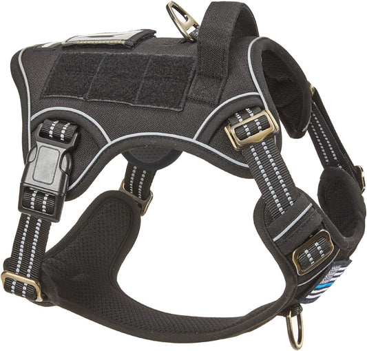 BUMBIN Tactical Dog Harness for Medium Dogs, No Pull, Reflective, Adjustable, Black, M(Neck:16-20", Chest:17-27")