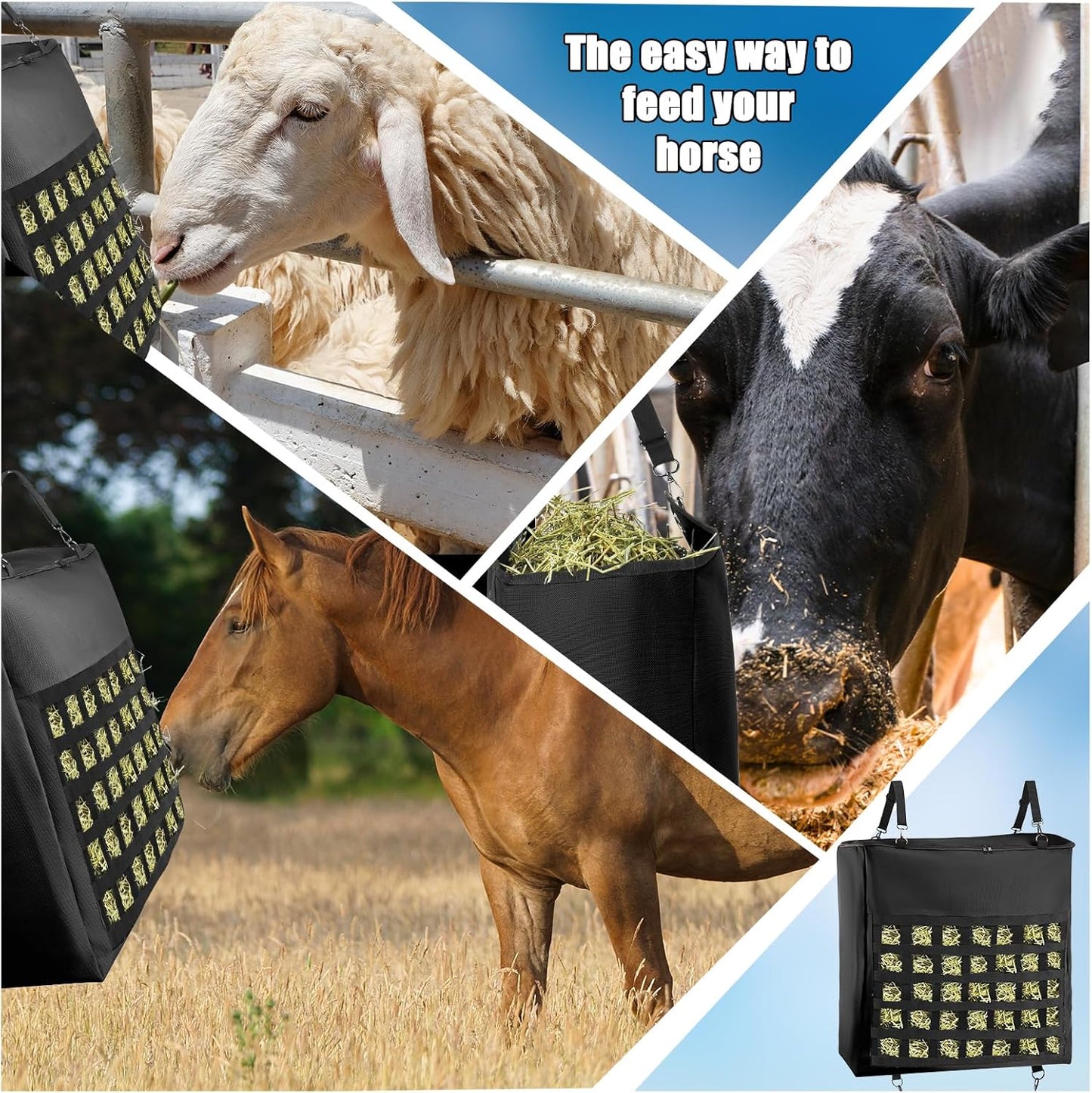 1Pcs Hay Bag for Horse,1200D Oxford Fabric Slow Feed Bags with Front Hay Nets Design and Heavy Duty Zipper Large Top Load Feeding Bag for Horses and Livestock,Black