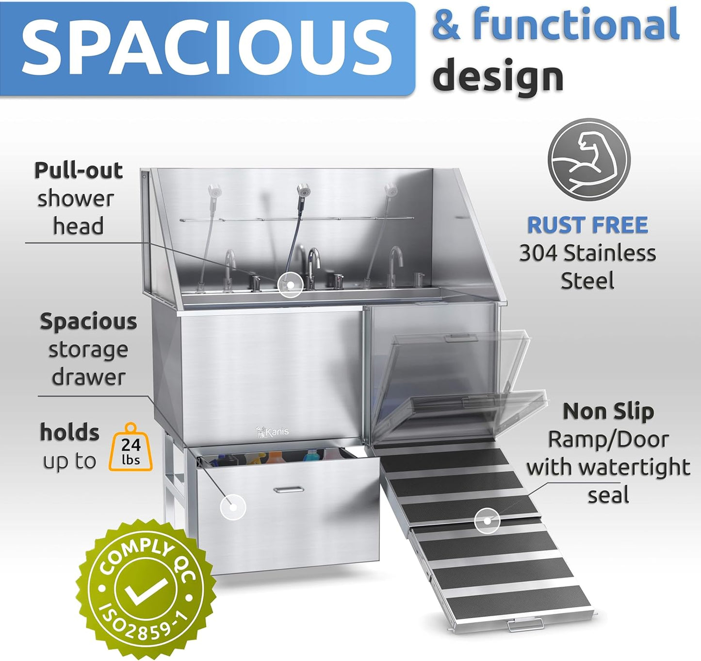 KANIS Professional Dog Washing Station - 304 Stainless Steel Pet Wash Sink & Grooming Bath Tub for Home with Ramp, Shower, Floor Grate, Storage Drawer, Faucet, Drain Kit for Large, Medium & Small Pets