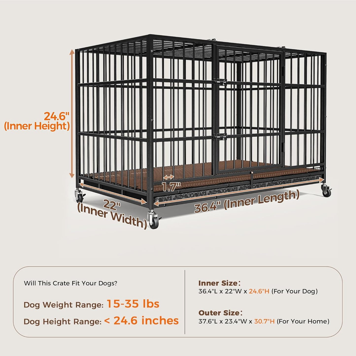 38" Heavy Duty Dog Crates for Small Dogs, Escape Proof, Upgraded 4 Lockable Wheels, Removable Door, Dog Kennel Indoor, Max Load 300Lbs, Easy to Clean, Medium Dog Crate for High Anxiety Dogs