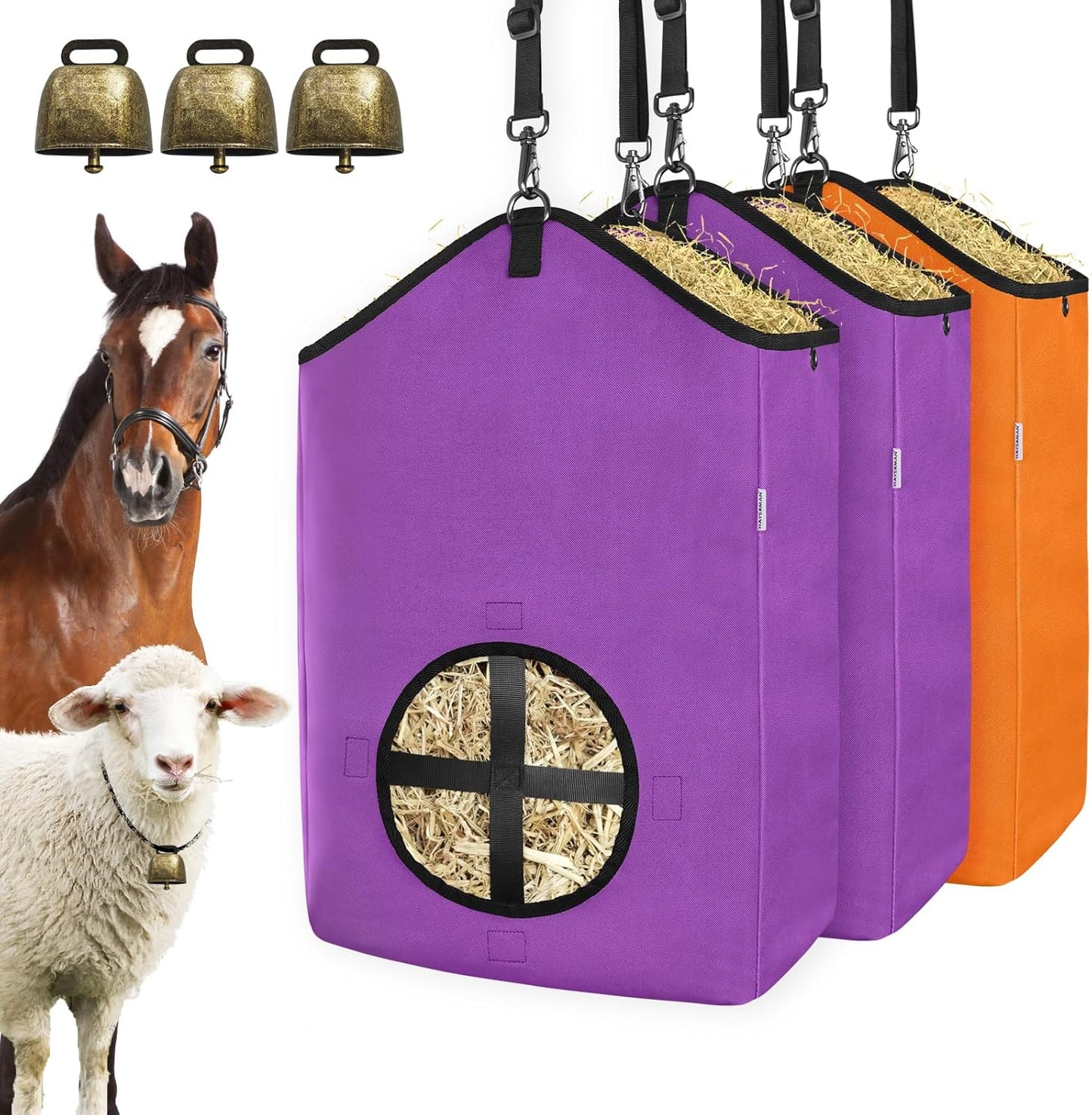 3 PCS Goat Hay Feeder,Hay Bags for Horses,Goats,Donkeys with Reinforced Oxford Fabric and High Strength Metal Clasp,Horse Feeding Supplies with Adjustable Strap for Easy Hanging(2Purple+1Orange)