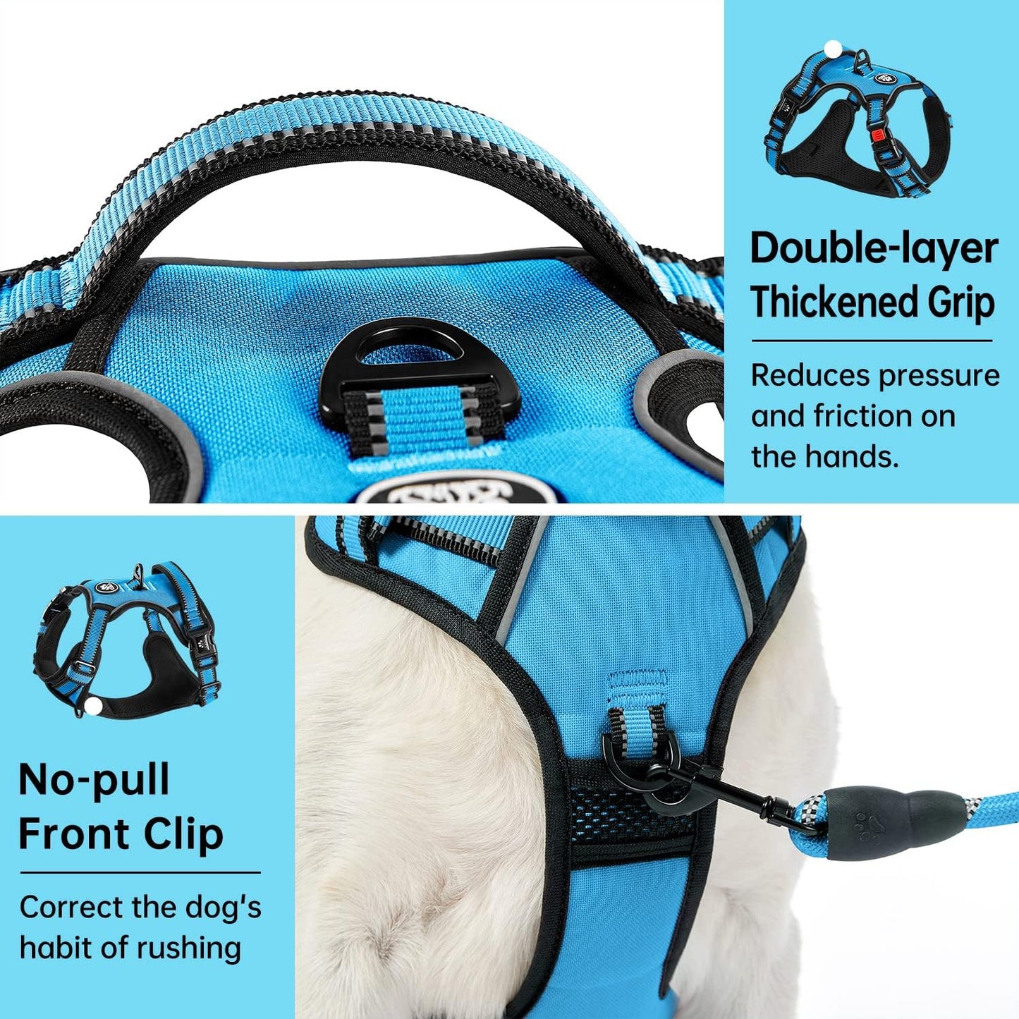 IVY&LANE No Pull Dog Harness for Small Dogs, Dog Vest Harness with Leash, Safety Belt and Storage Strap, Fully Adjustable Harness, 360° Reflective Strip, Soft Handle (Blue, S)