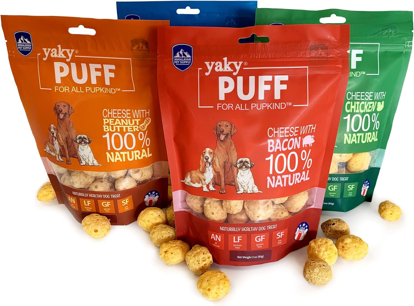 yakyPUFF Himalayan Cheese Treats | Lactose Free | Gluten Free | Grain Free | REAL BACON | USA MADE | For All Breeds | Bacon Flavor Crispy Puffed Treat