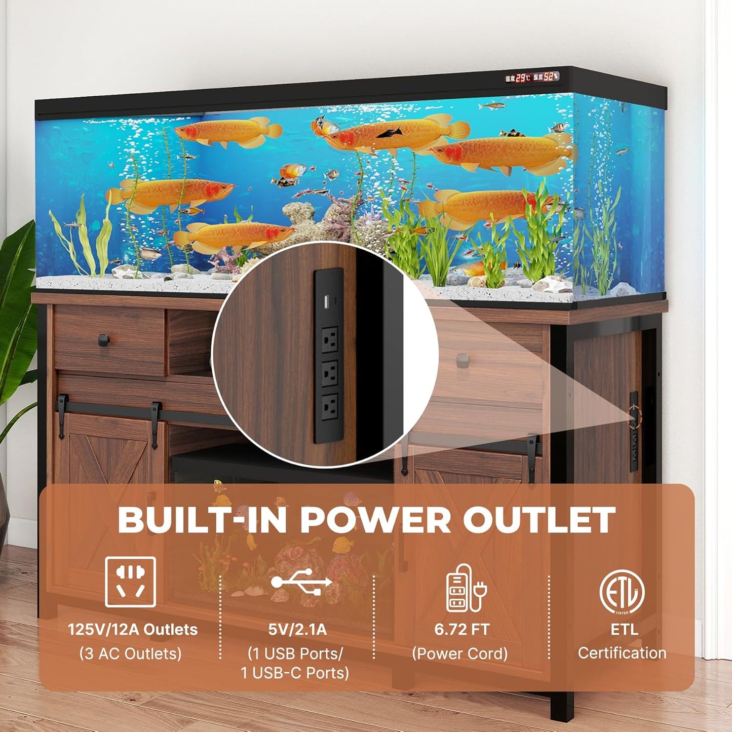 Miereirl 75-120 Gallon Fish Tank Stand with Power Outlet – Heavy Duty Aquarium Stand, Rustic Farmhouse Style, 1000 lb Capacity, Adjustable Storage & Sliding Barn Doors, Light Brown
