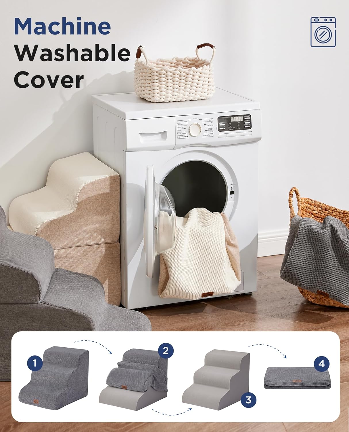 Gray Curved Dog Stairs Ramp for High Beds 28.7" H, 5-Step Dog Steps for Small Dogs and Cats, Pet Stairs for High Bed Climbing, Non-Slip Balanced Pet Step