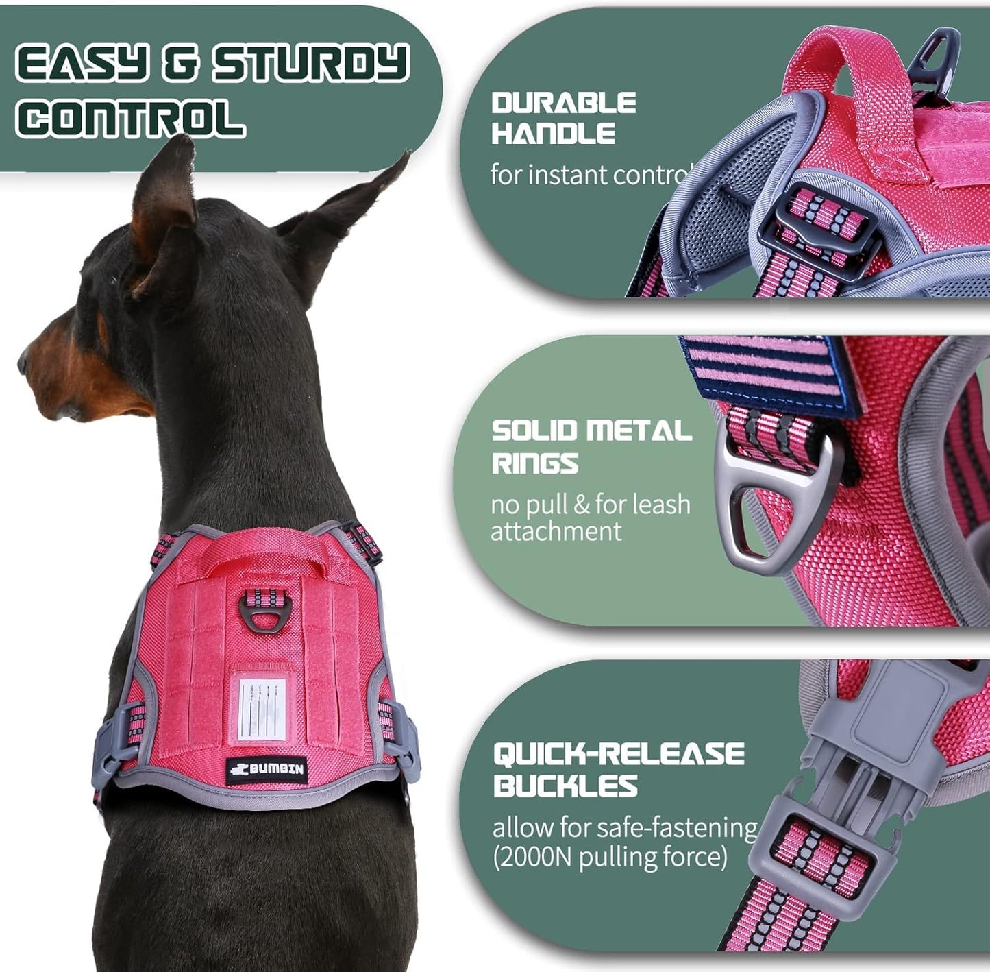 BUMBIN Tactical Dog Harness for Large Dogs No Pull, Famous TIK Tok No Pull Puppy Harness, Fit Smart Reflective Pet Walking Harness for Training, Adjustable Dog Vest Harness with Handle Pink L