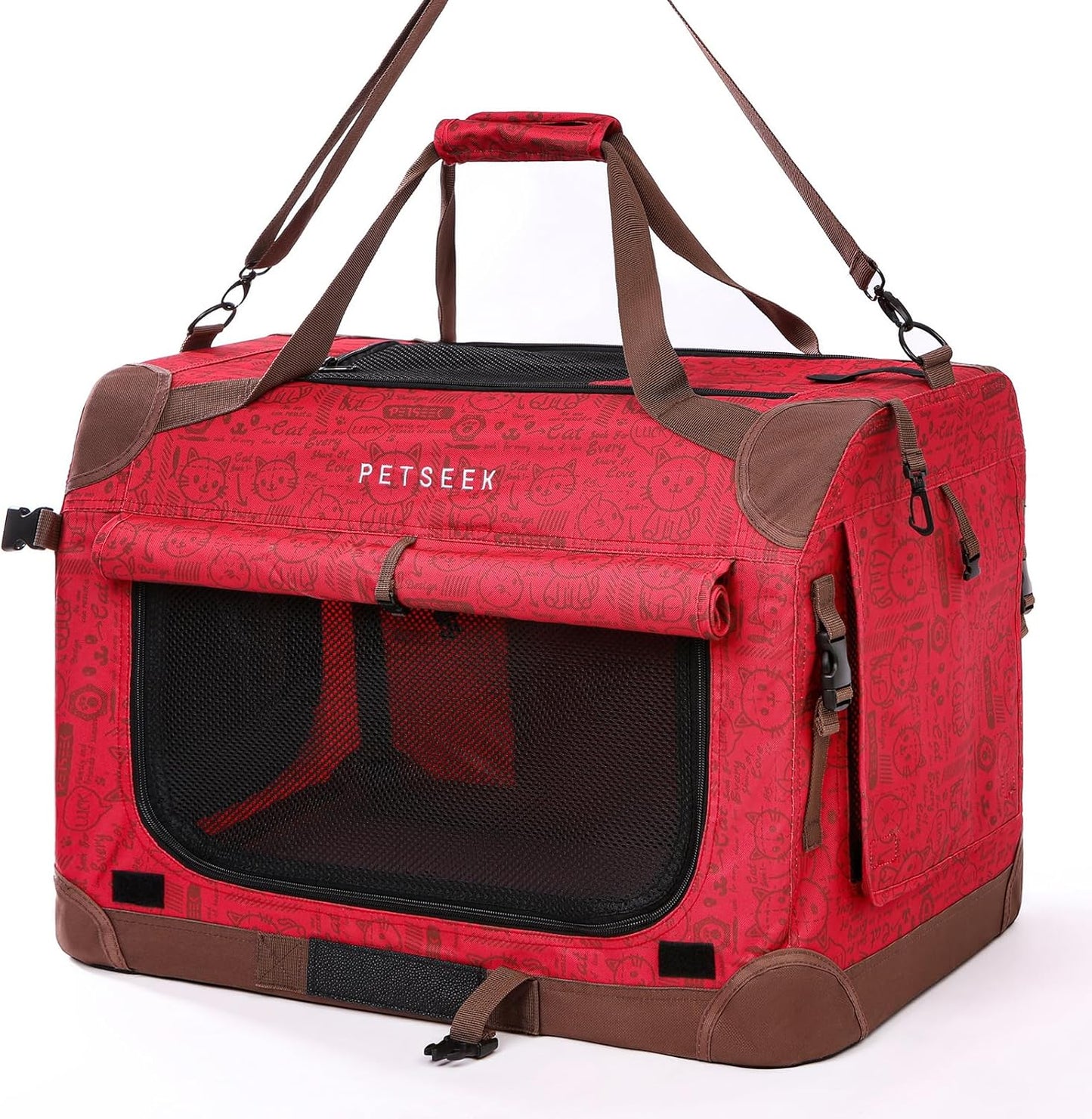 Extra Large Cat Carrier Soft Sided, Portable Small Dog Carrier for 2 Cats, 24"x16.5"x16" Car Travel Folding Comfortable Design, Red