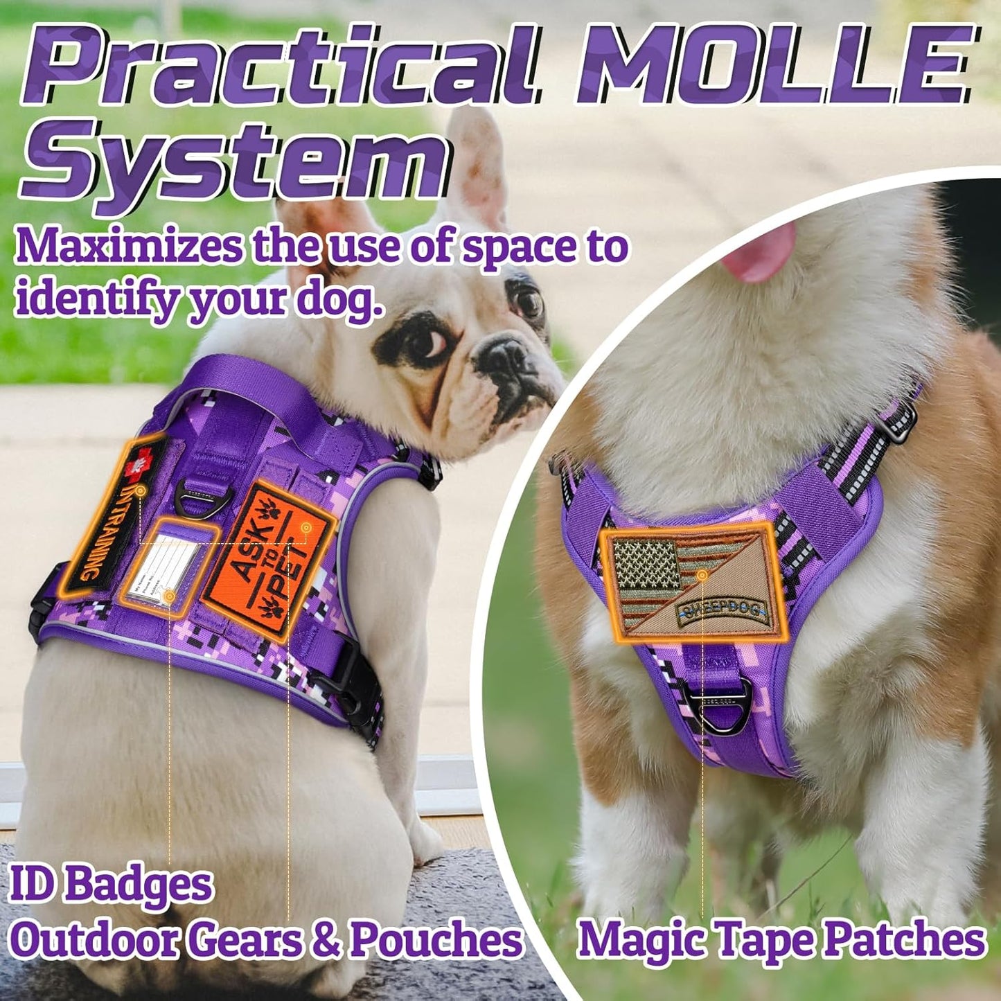 rabbitgoo Tactical Dog Harness Medium Sized Dog, No Pull Military Service Vest with Handle & Molle, Easy Control for Training Walking, Adjustable Reflective Straps, Purple Camo, M