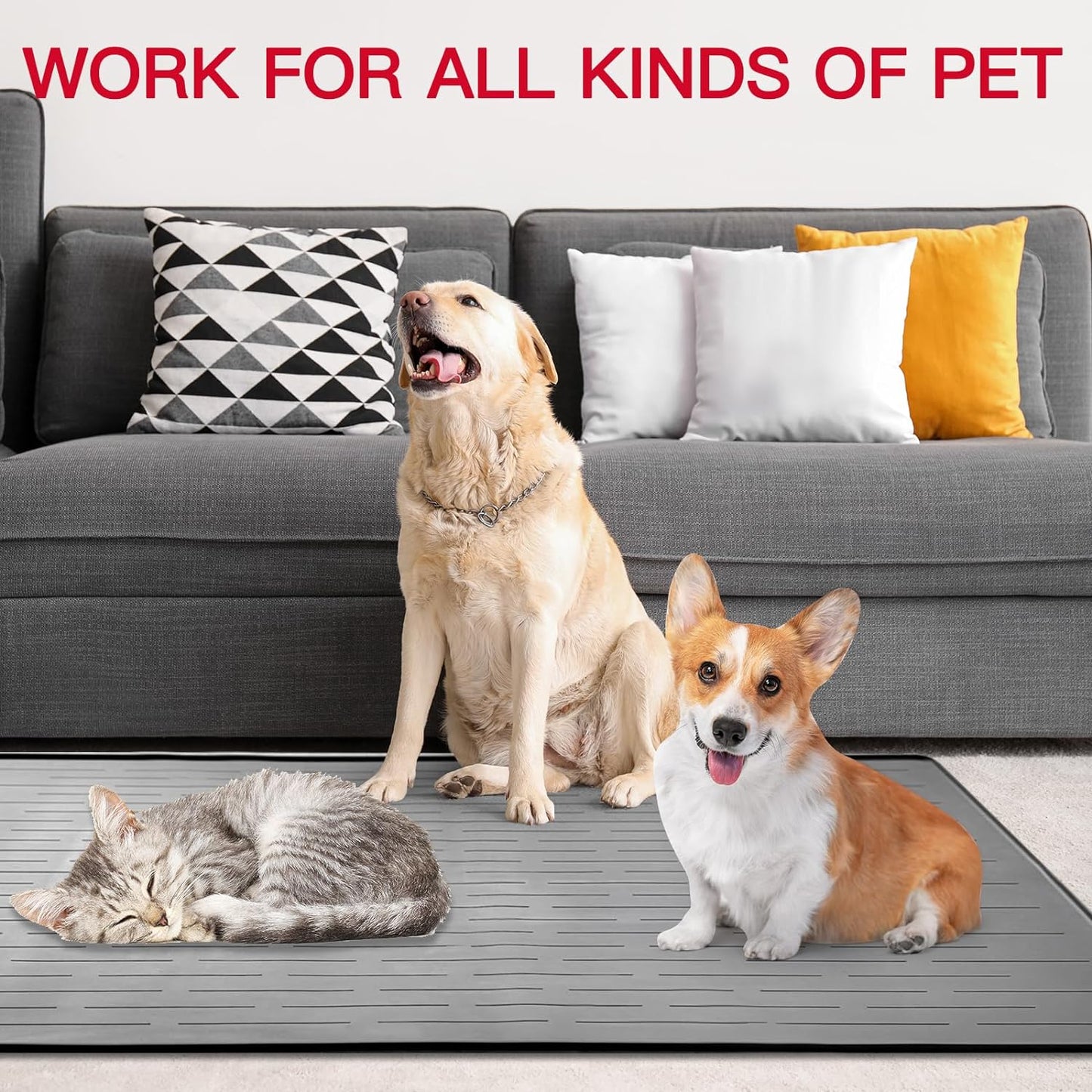 39.4"x29.5" Largest Pet Food Mat, Silicone Dog Mats for Food and Water, Nonslip Pet Feeding Mats for Floors,Dog Cat Bowl Mat with Raised Edges, Gray White