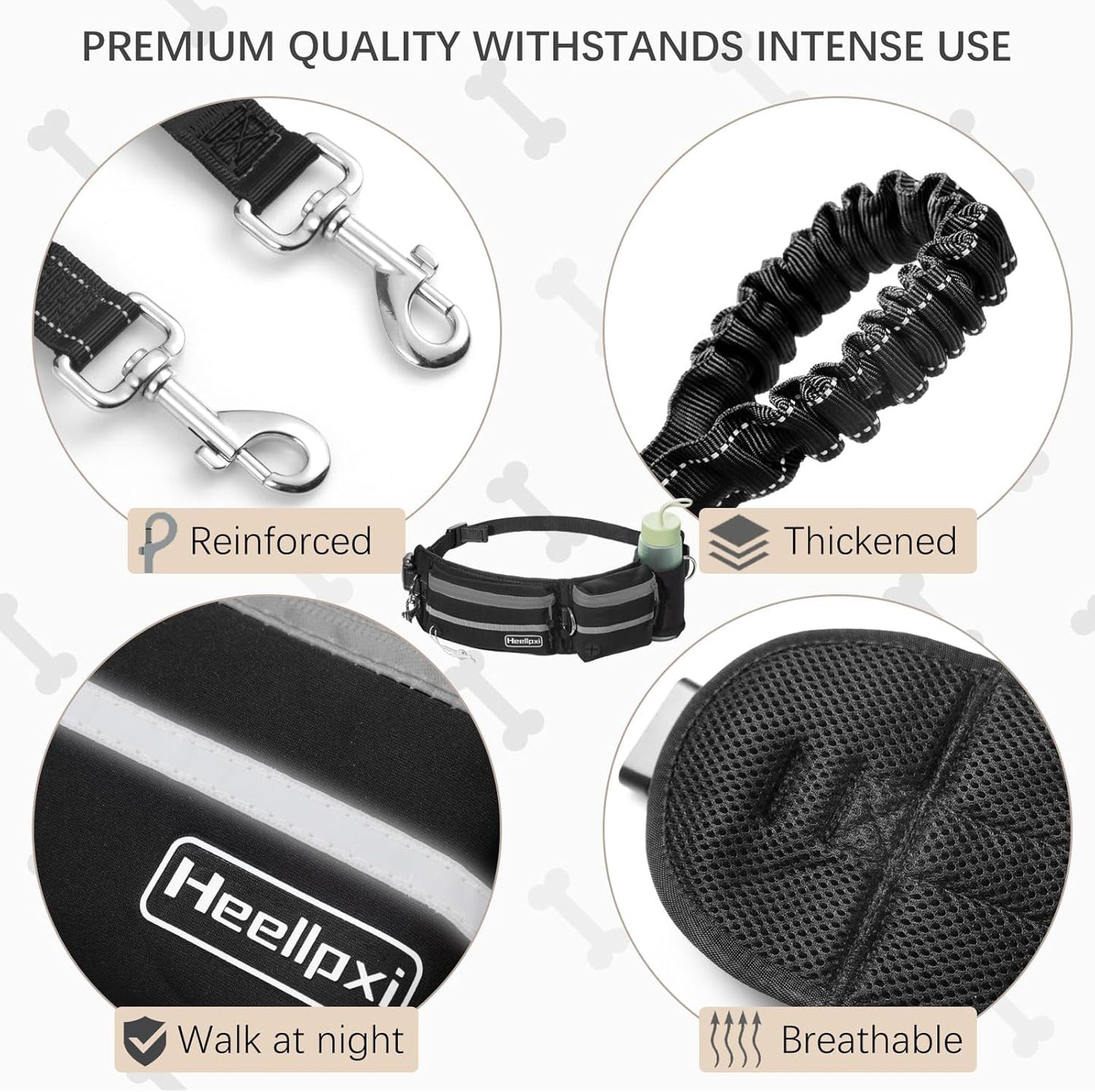 Hands-Free Waist Leash with Pouch for Two Dogs: Reflective Stitching, Dual Handle & Bungee Retractable Design – Ideal for Medium to Large Dogs (Grey) – Dog Walking Accessories