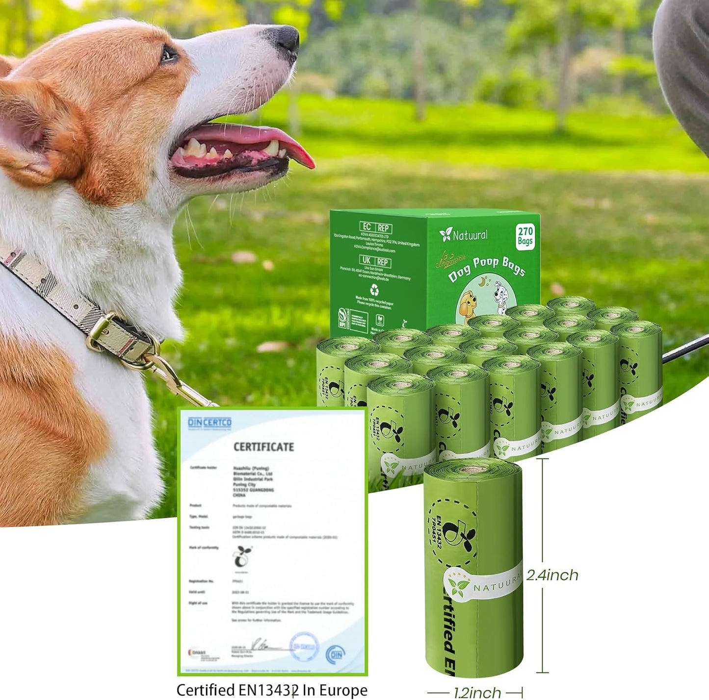 Certified Compostable Dog Poop Bags-270Bags 18Rolls, Poop Bags for Dogs Made of Cornstarch - ASTM D6400 By USA, Leakproof Easy Open, Unscented Dog Waste Bags (Green)