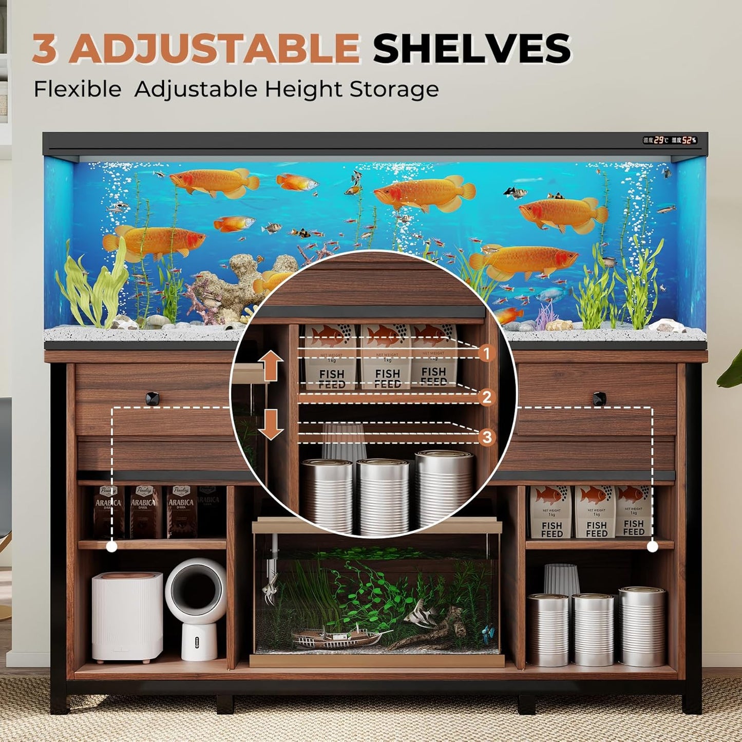 Miereirl 75-120 Gallon Fish Tank Stand with Power Outlet – Heavy Duty Aquarium Stand, Rustic Farmhouse Style, 1000 lb Capacity, Adjustable Storage & Sliding Barn Doors, Light Brown