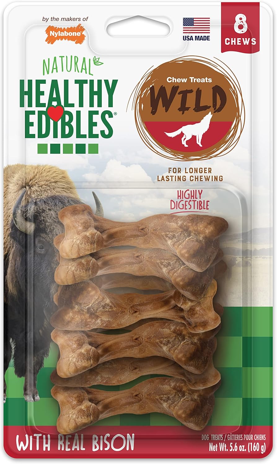 Nylabone Healthy Edibles WILD Natural Dog Chew Treats, Bison Flavor, Small Dogs Up to 20 lbs - Long Lasting Healthy Chew Bones Made in USA (8 Count)