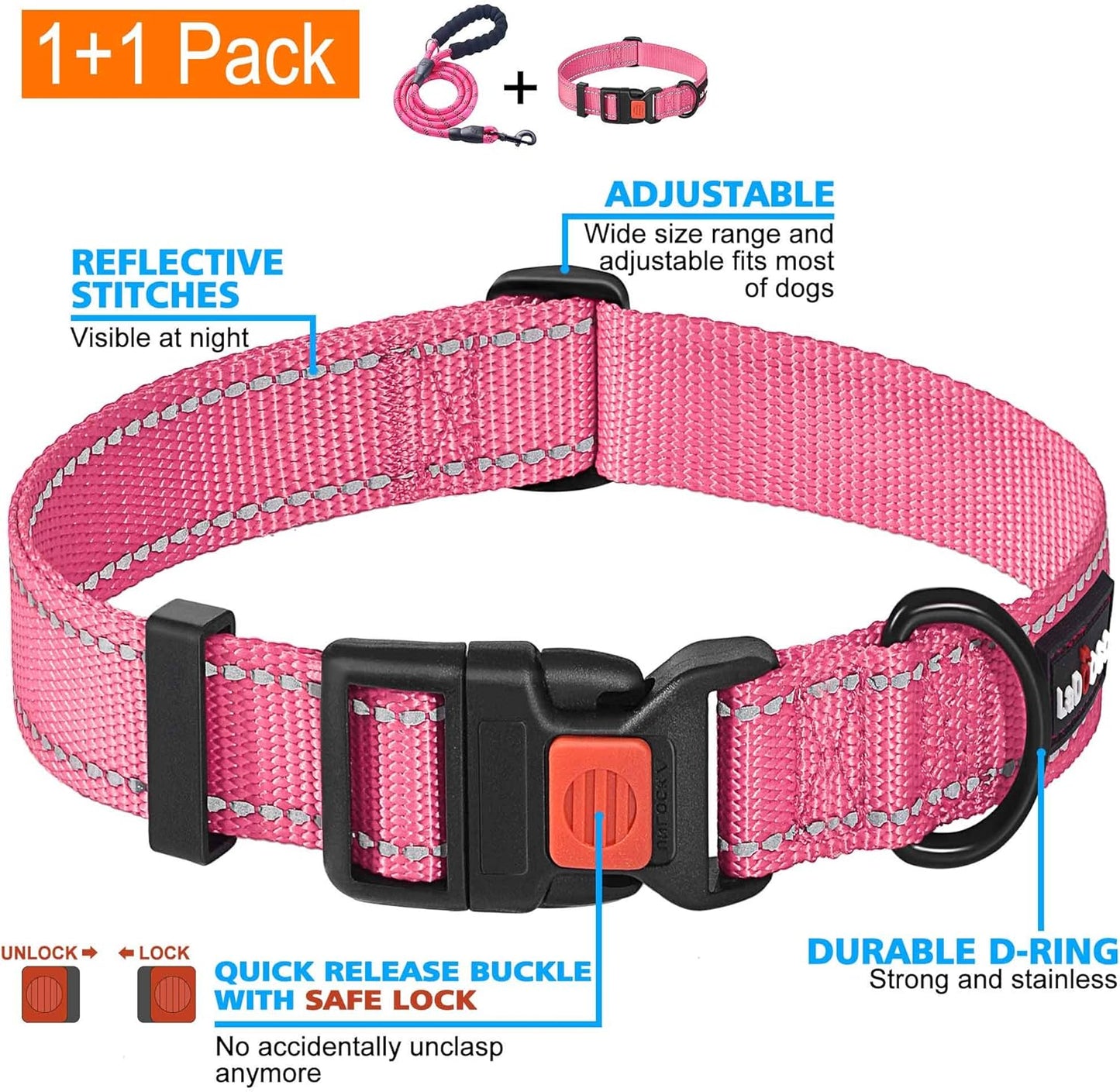 Heavy Duty Dog Leash - Comfortable Padded Handle, 5 ft Long - Dog Leashes for Small Medium Large Dogs (Leash+Collar M Neck 16"-20", Pink)