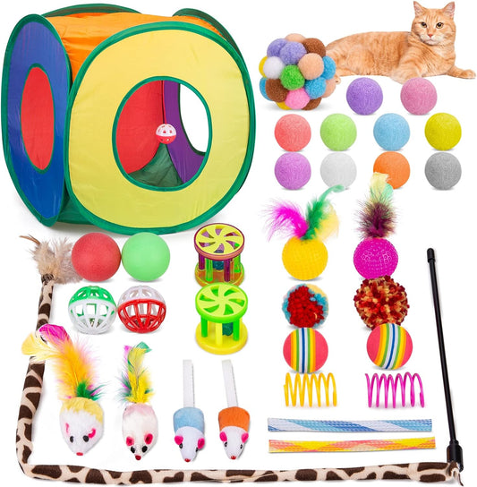 Retro Shaw Cat Toys Bundle 33 Pack, Interactive Kitten Toys for Indoor Cats Kitty with Collapsible Play Tunnel Tube Tent Feather Wand Teaser Bell Fuzzy Ball Springs Mouse Toy